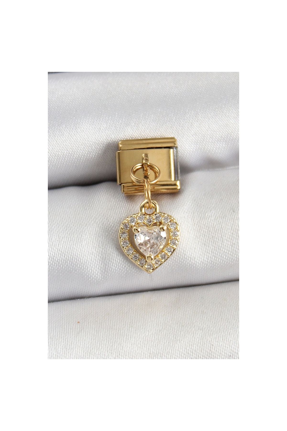 Narnuga 316L Çelik Sallantılı Zirkon Taşlı Kalp Model Gold Renk Nomination Charm - TJ-BC1442