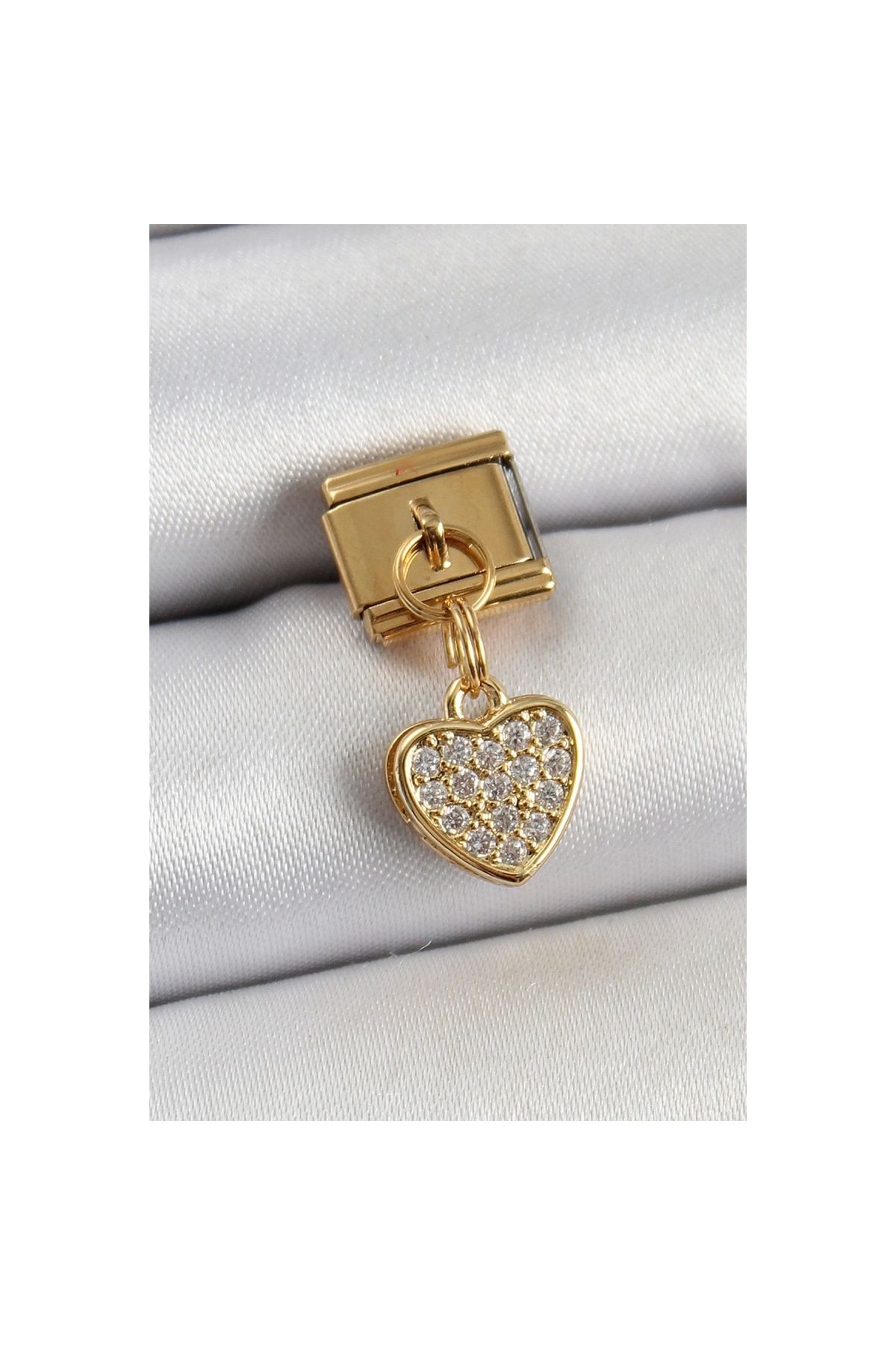 Narnuga 316L Çelik Sallantılı Zirkon Taşlı Kalp Model Gold Renk Nomination Charm - TJ-BC1401