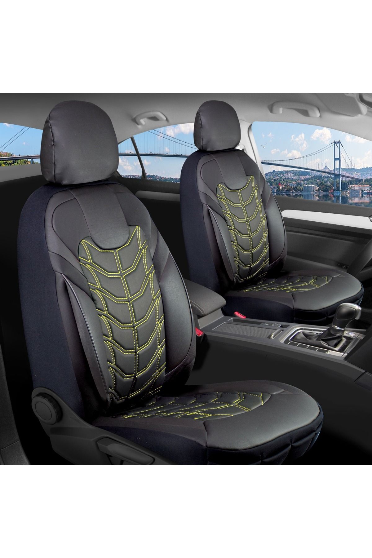 autogoodstore KİA Carens Uyumlu Lüx Deri Oto Koltuk Kılıfı Ön Arka Takım SILVER SİYAH SARI