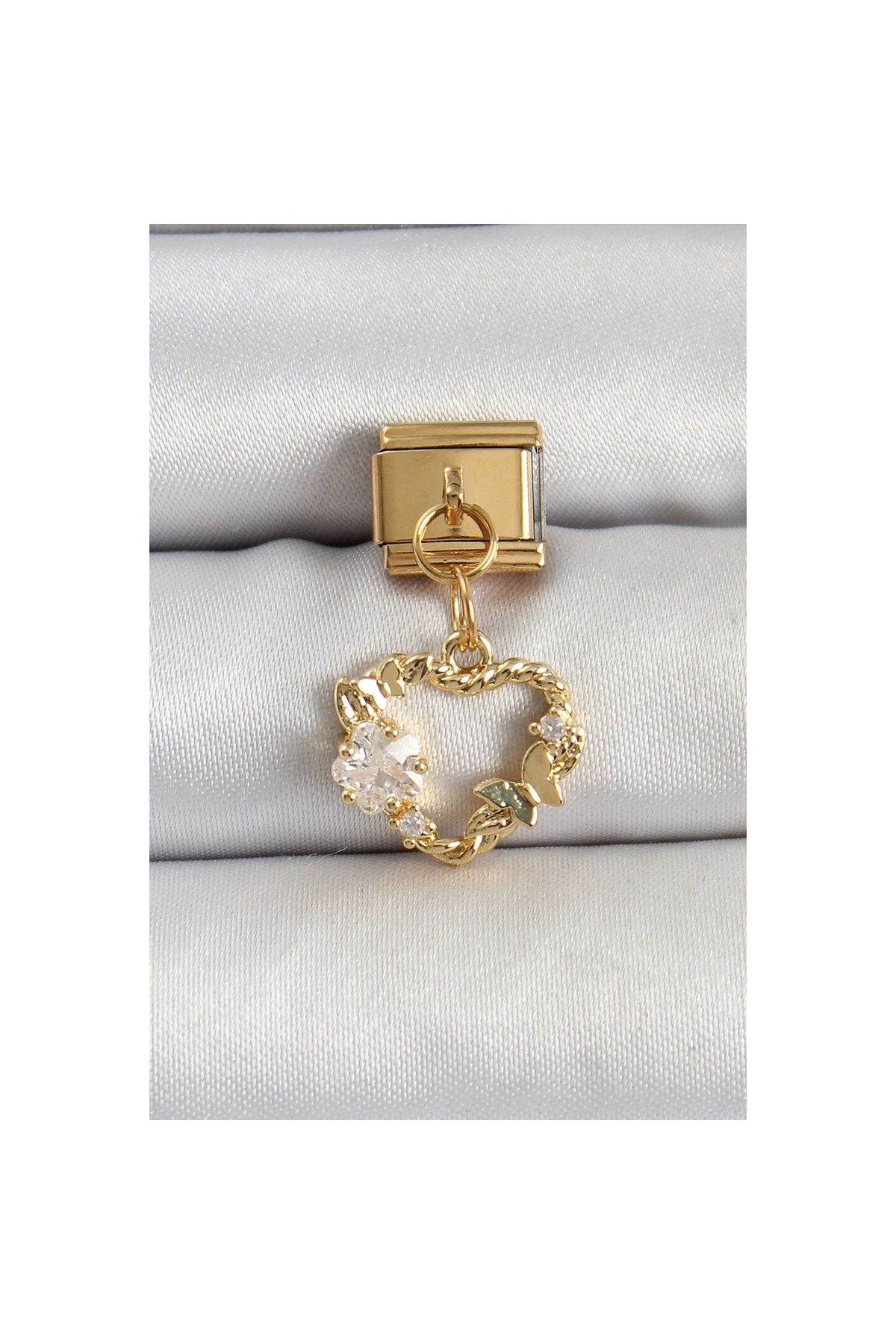 Narnuga 316L Çelik Sallantılı Zirkon Taşlı Kalp Model Gold Renk Nomination Charm - TJ-BC1409