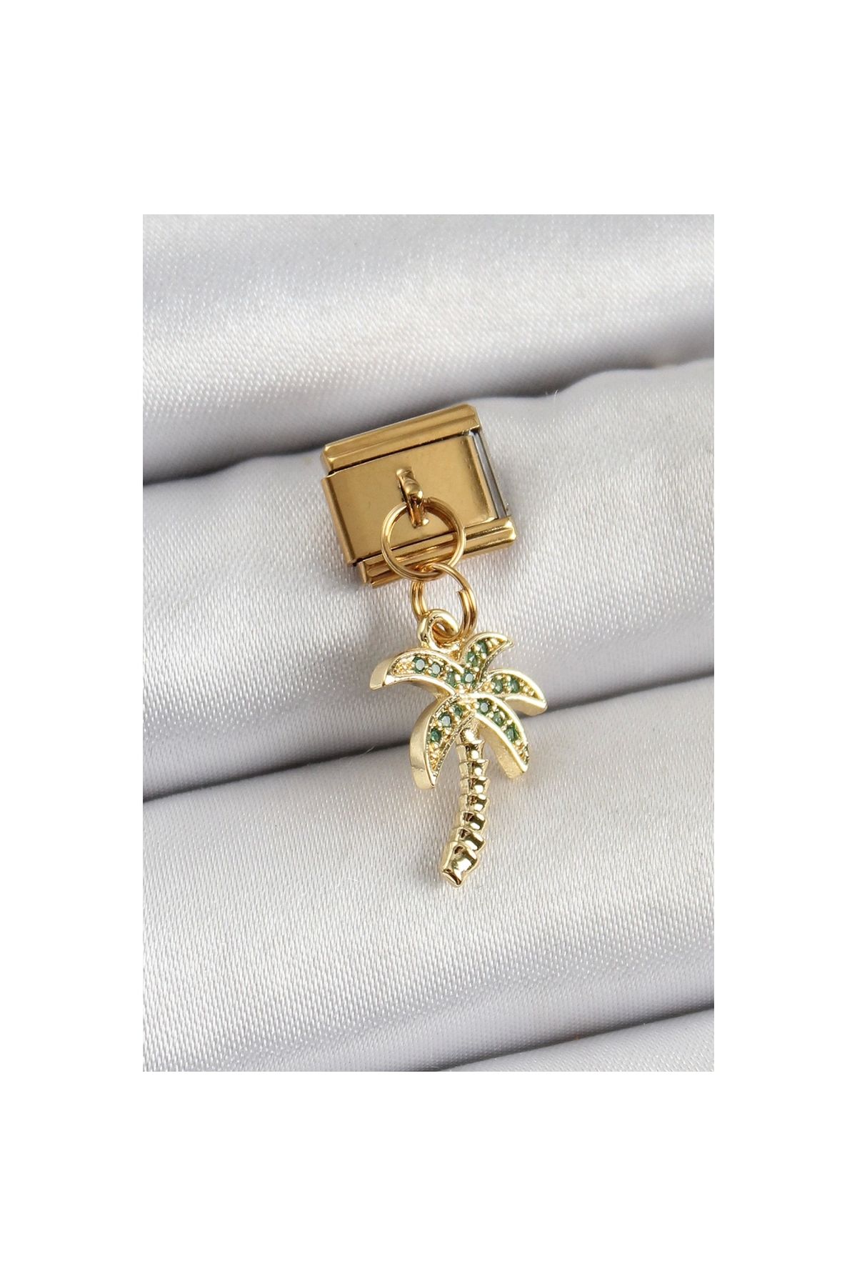 Narnuga 316L Çelik Sallantılı Zirkon Taşlı Palmiye Ağacı Model Gold Renk Nomination Charm