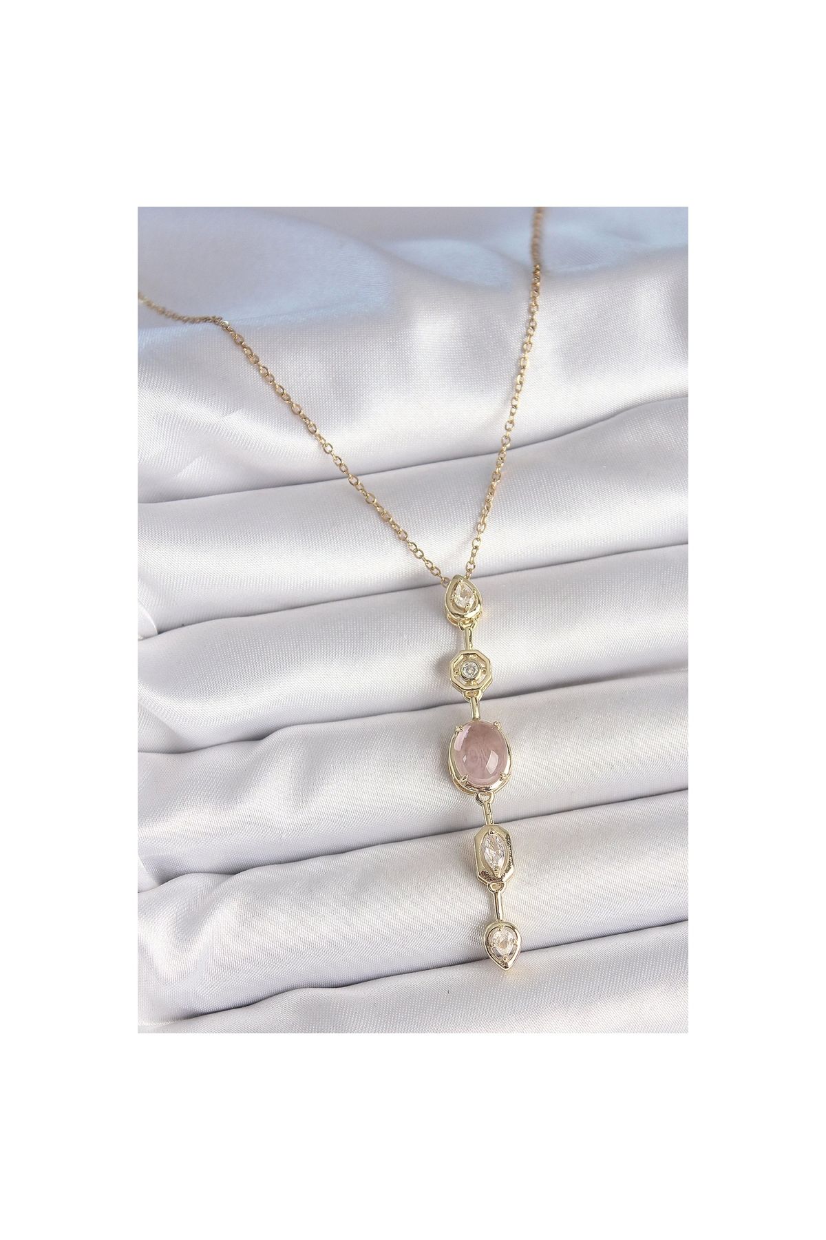 Narnuga 316L Çelik Zincir Gold Renk Pembe Zirkon Taşlı Y Kolye - TJ-BKO10226