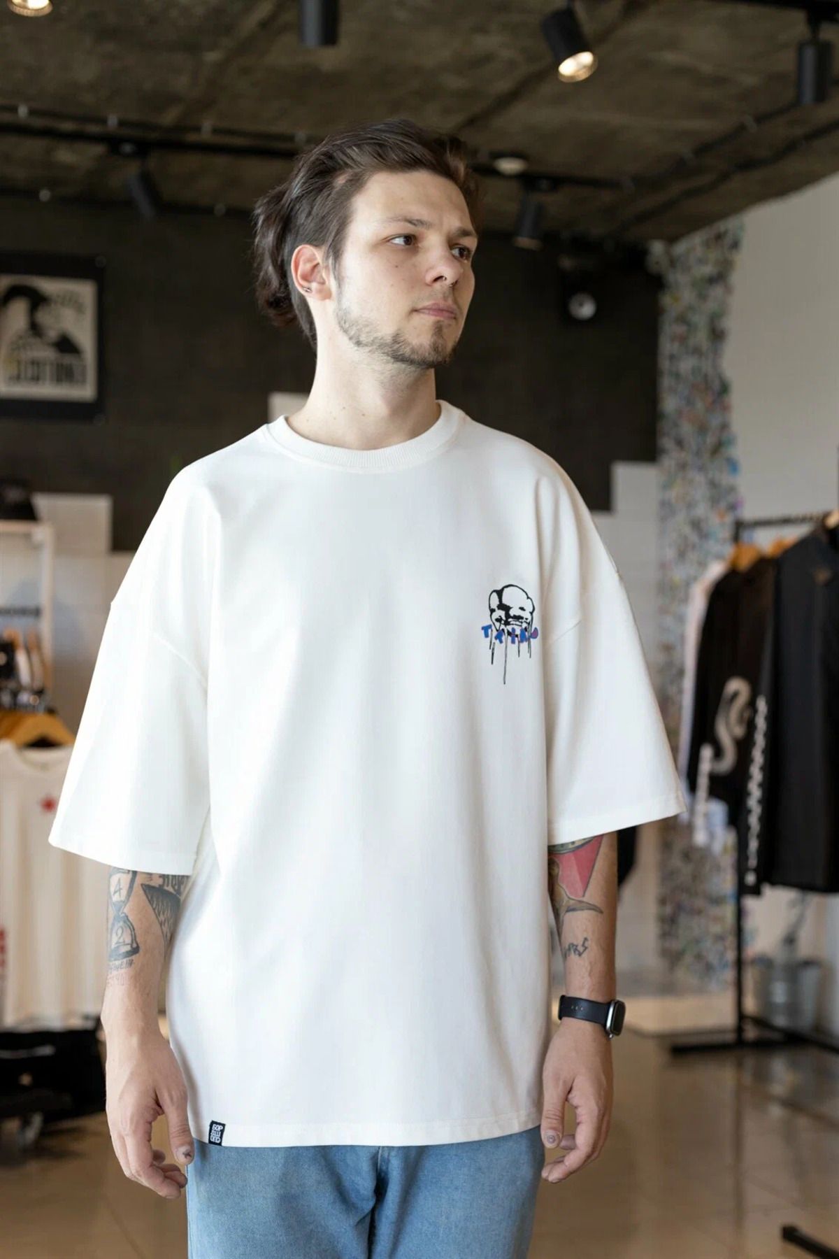 ELNOYA Unisex Pamuklu Beyaz Oversize Baskılı Minimalist Bisiklet Yaka Rahat T-shirt