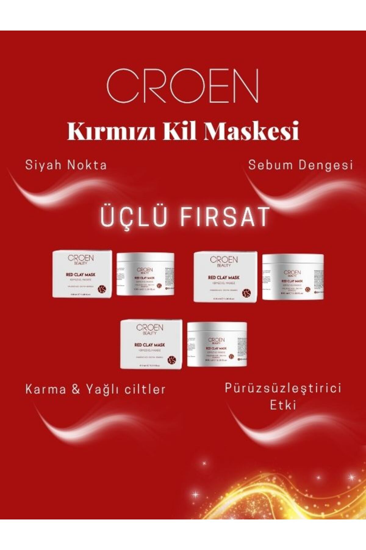 Croen Beauty Croen Kırmızı Kil Maske ÜÇLÜ FIRSAT | Siyah Nokta ve Yağ Karşıtı | Gözenek Sıkılaştırıcı , 100 ml