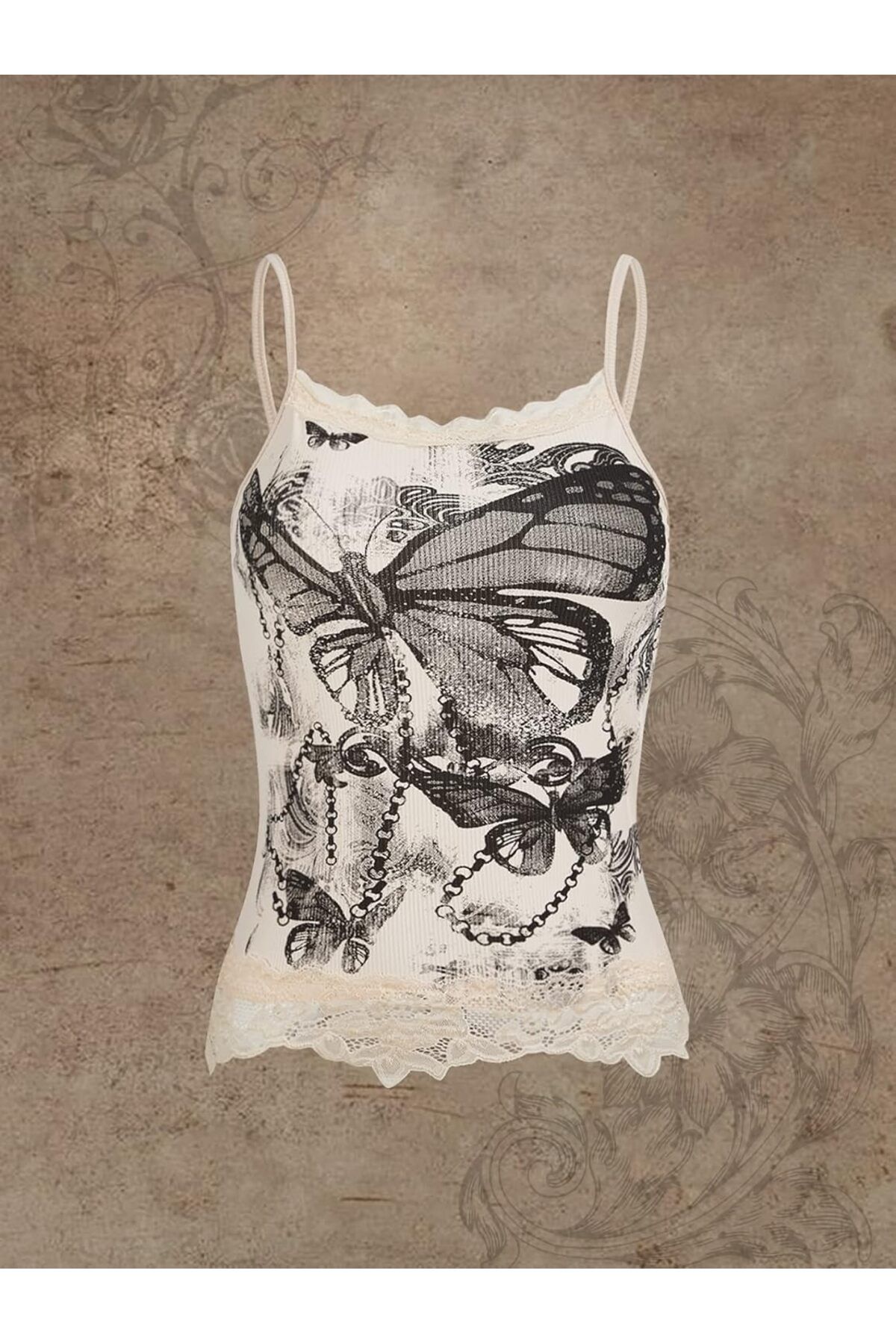 Köstebek Stlye Butterfly Dantelli Askılı Krem Body
