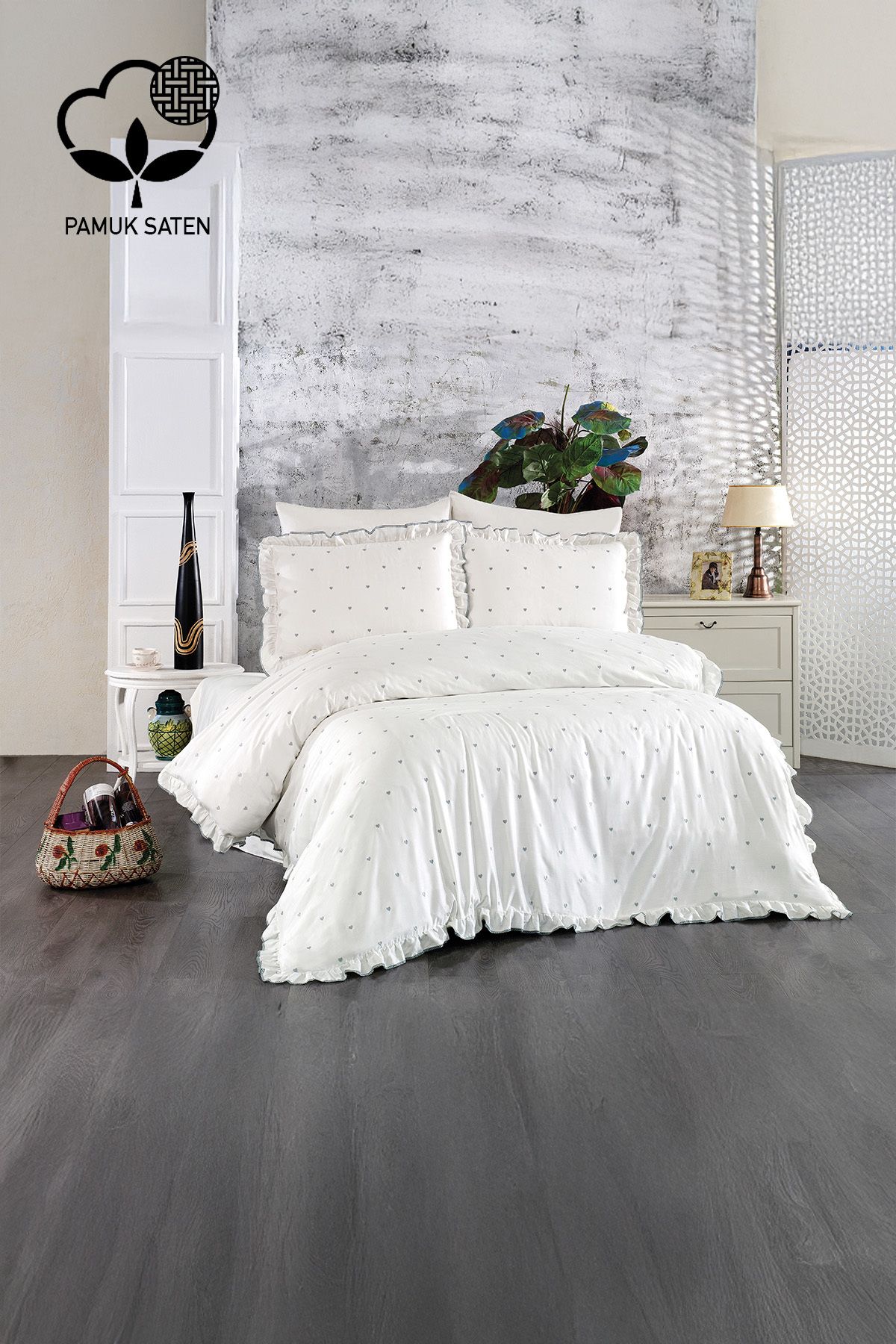 Nazik Home Amore Kalp Nakışlı Pamuk Saten Tek Kişilik 4 Parça Nevresim Takımı