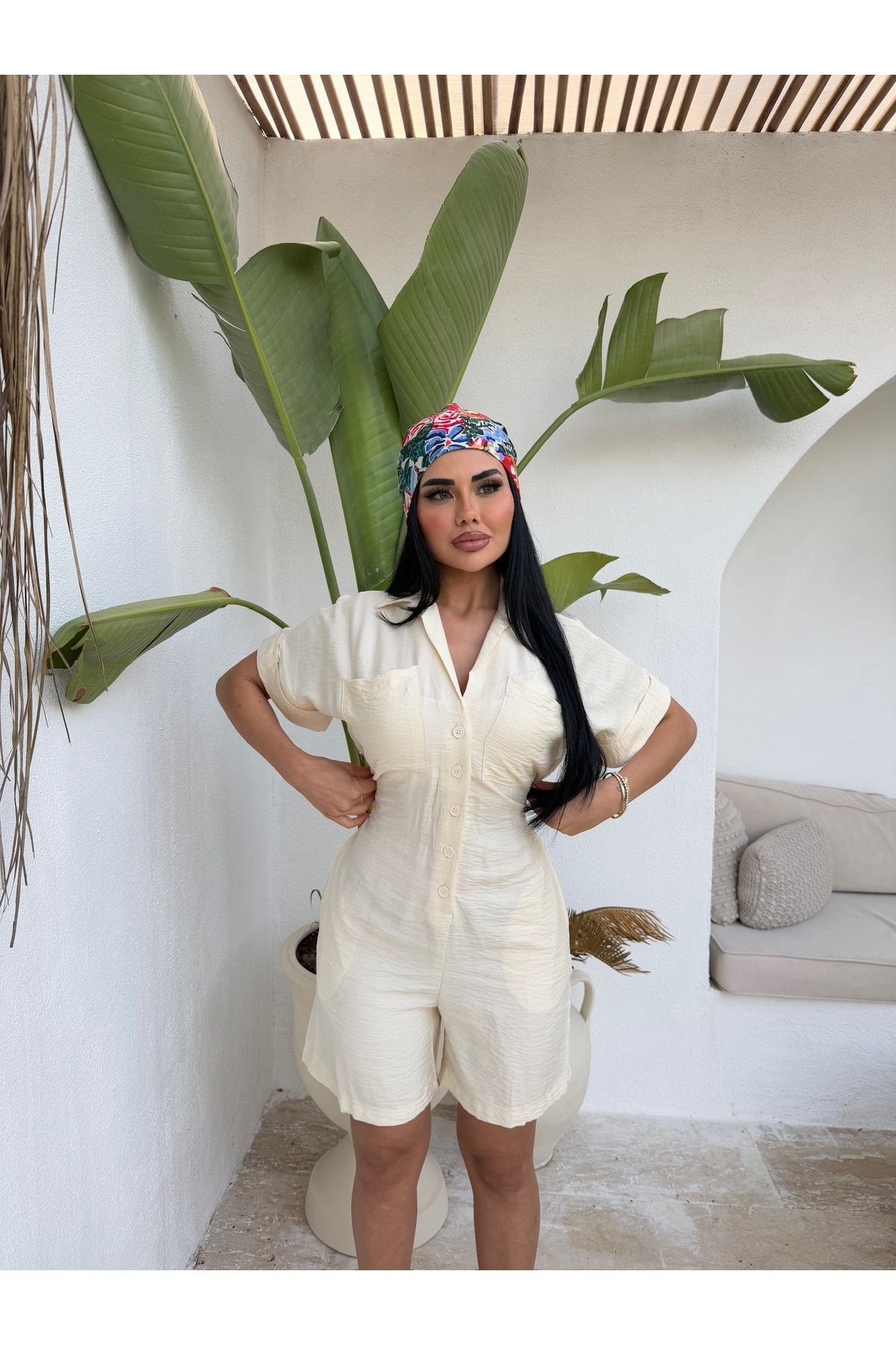 LB Laluna Butik Kadın Gömlek Yaka Çift Cepli Şort Tulum