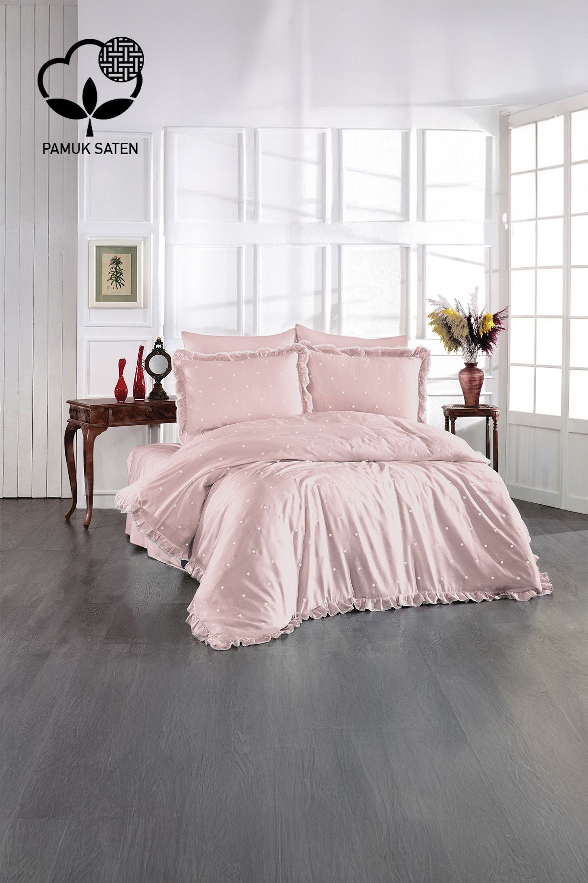 Nazik Home Amore Kalp Nakışlı Pamuk Saten Tek Kişilik 4 Parça Nevresim Takımı