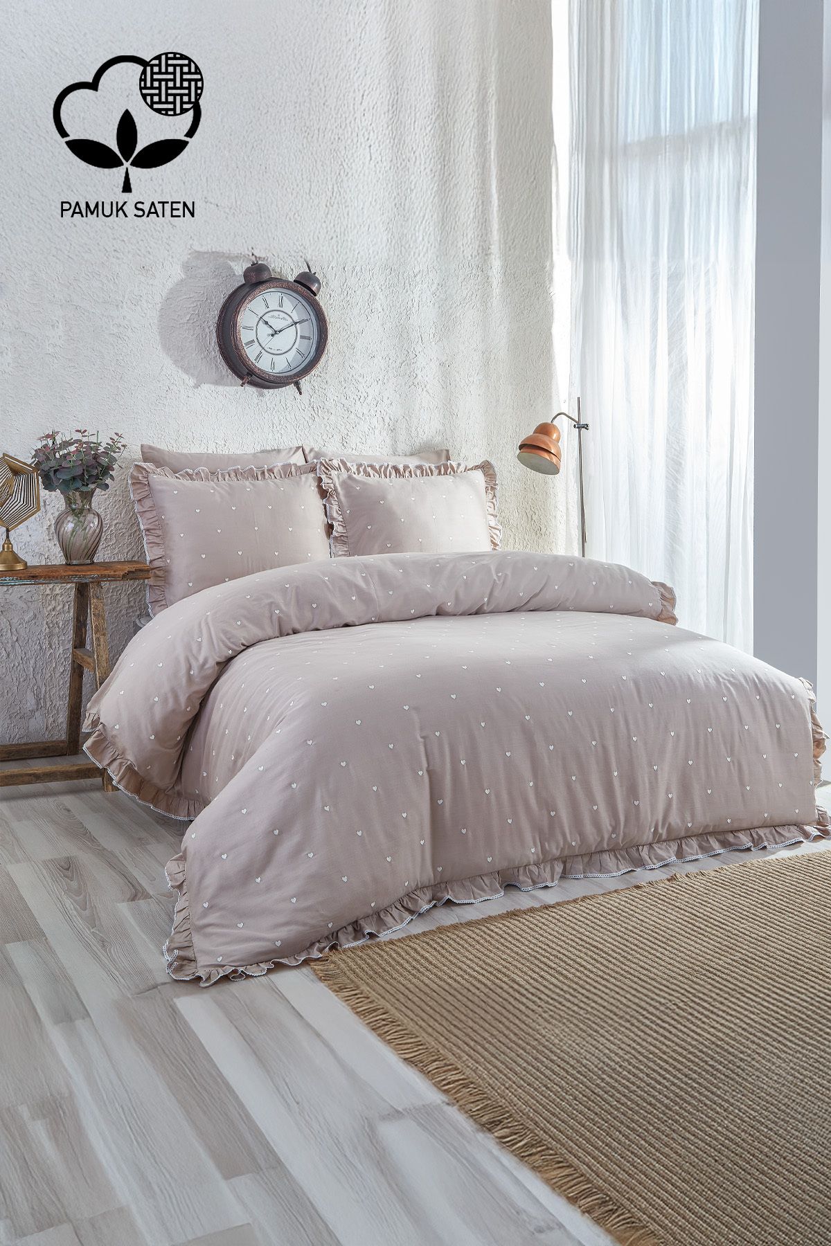 Nazik Home Amore Kalp Nakışlı Pamuk Saten Tek Kişilik 4 Parça Nevresim Takımı