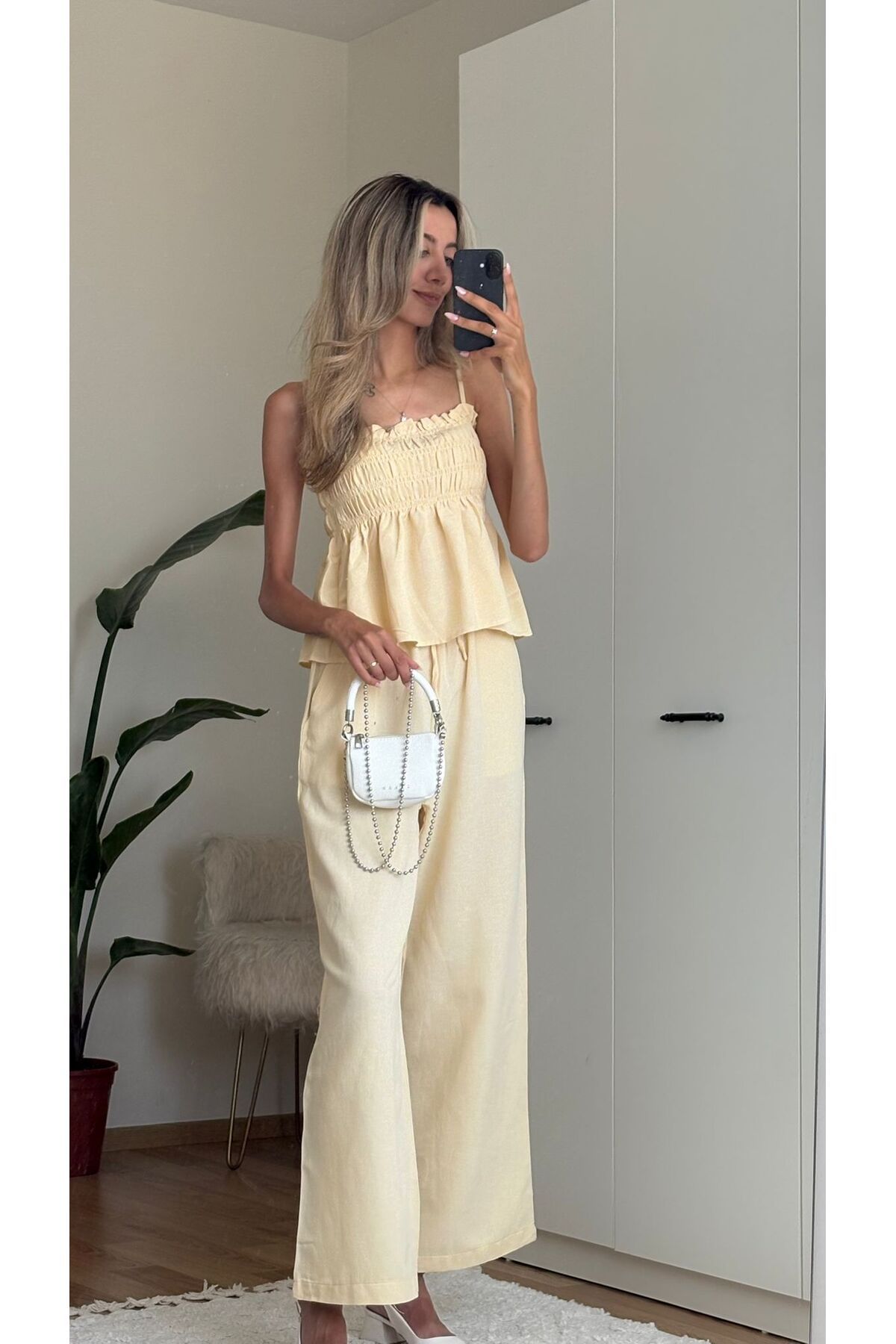 MODA Sarı Gipeli Bluz Pantolon Keten Takım
