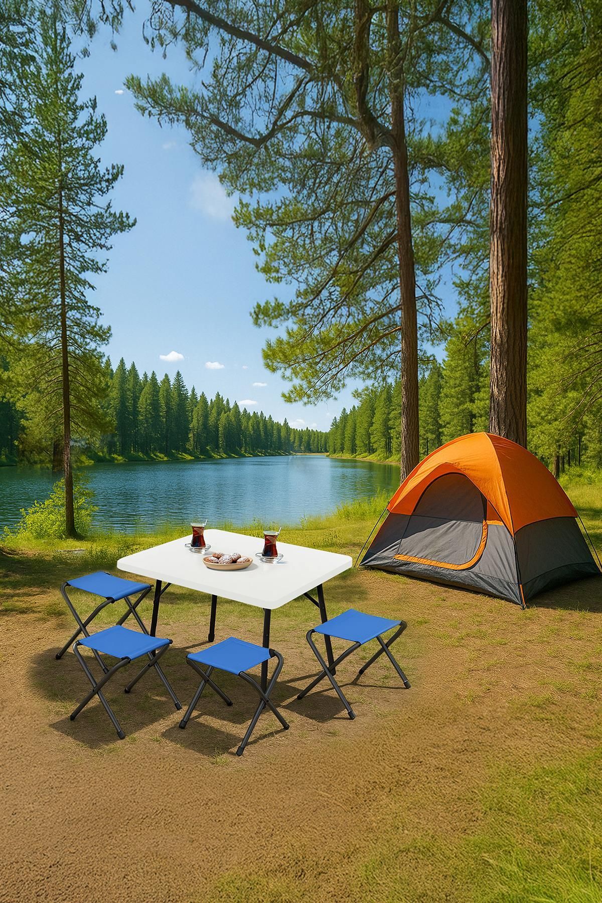 Exent 45X60 cm Kamp Sehpası + 4 Adet MAVİ Tabure Piknik, bahçe balkon sehpası Katlanır Sehpa-B-4M