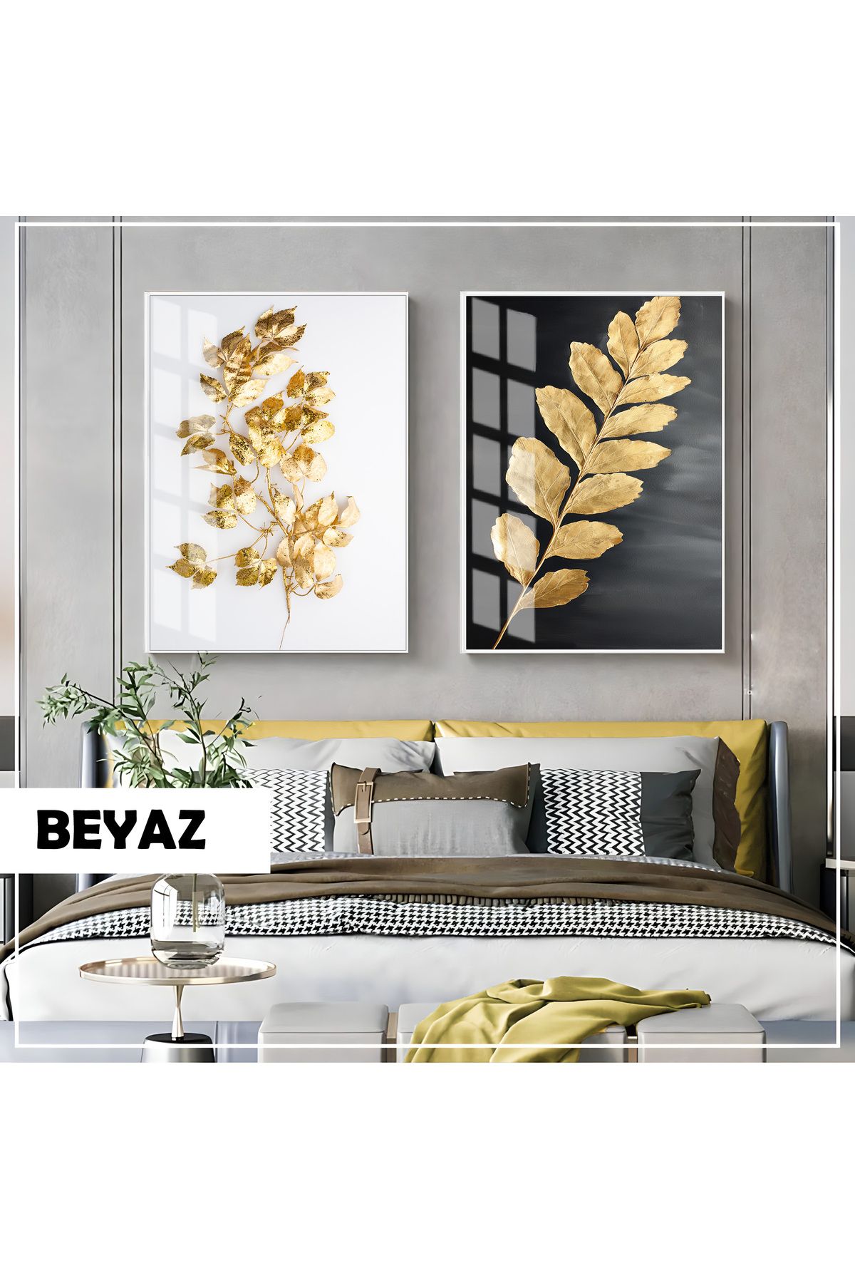 Harikabirev HARİKABİREV| GOLD YAPRAK KOMBİNİ (LEAF)|ÇERÇEVELİ CAM TABLO 2Lİ DİKEY