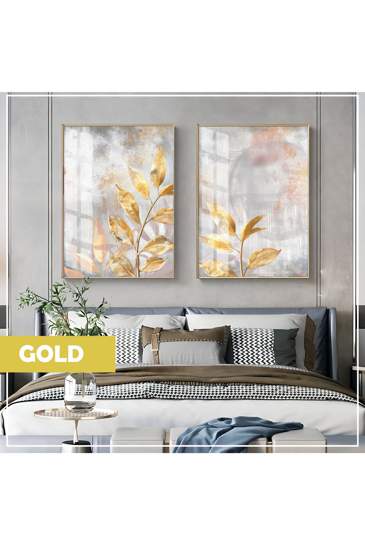 Harikabirev HARİKABİREV|GOLD YAPRAK DALI KOMBİNİ (LEAVES)|ÇERÇEVELİ CAM TABLO 2Lİ DİKEY