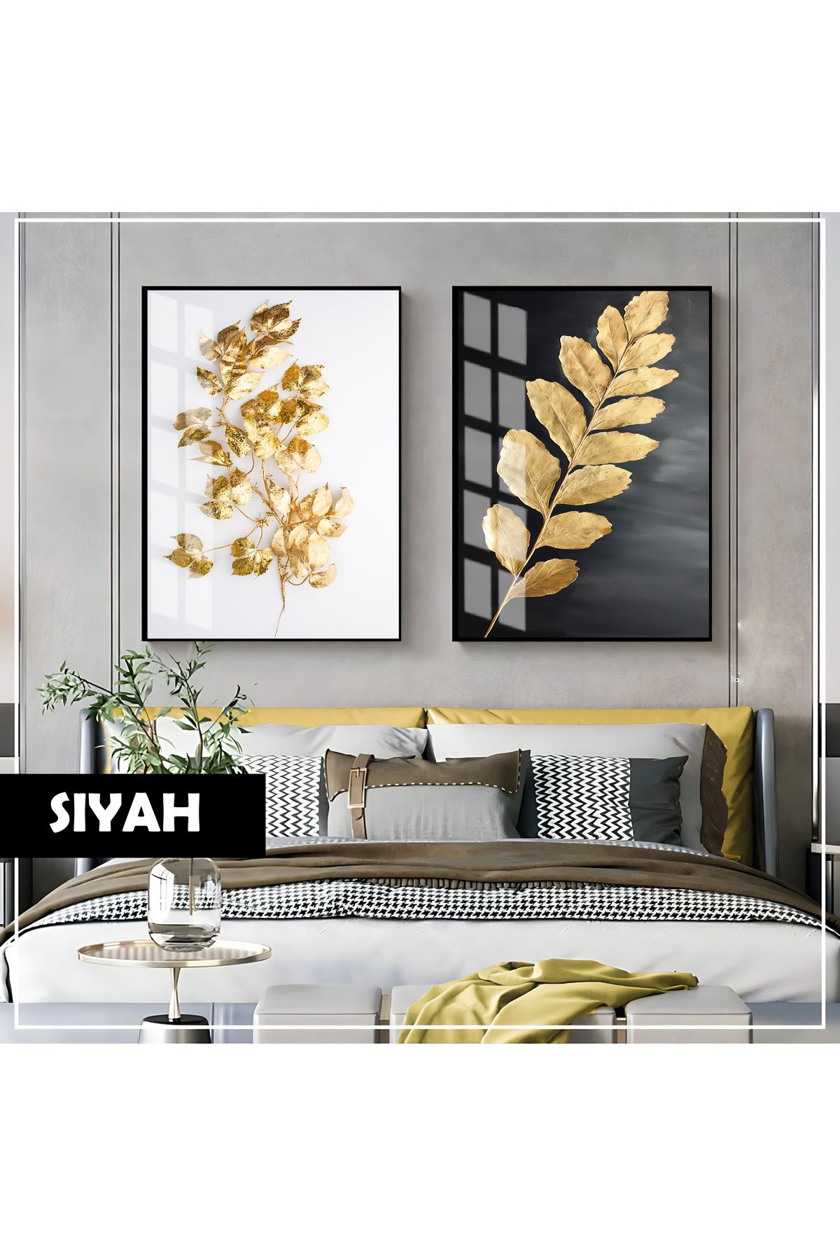 Harikabirev HARİKABİREV| GOLD YAPRAK KOMBİNİ (LEAF)|ÇERÇEVELİ CAM TABLO 2Lİ DİKEY