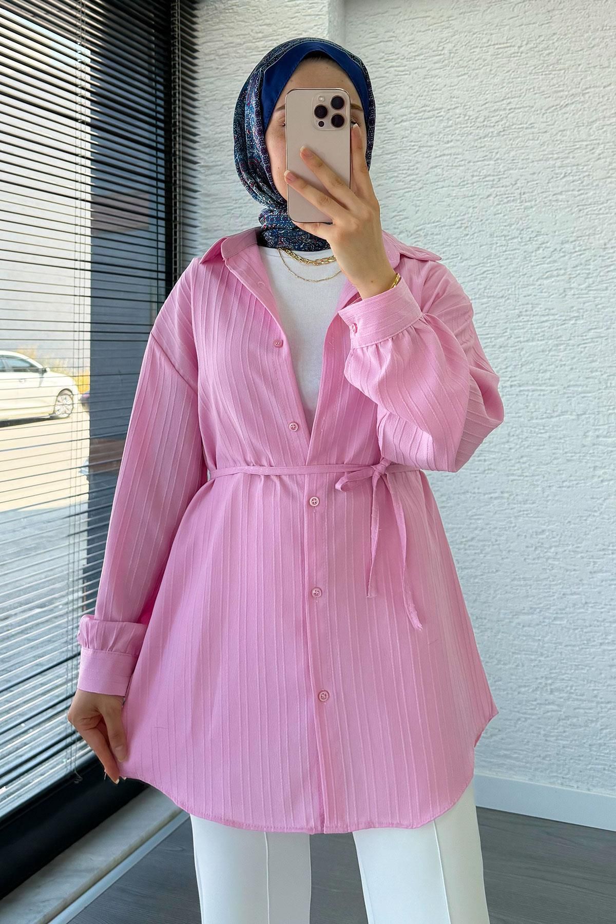 MELEK ARAZ Kuşak Detaylı Oversize Yazlık Tunik - Pembe