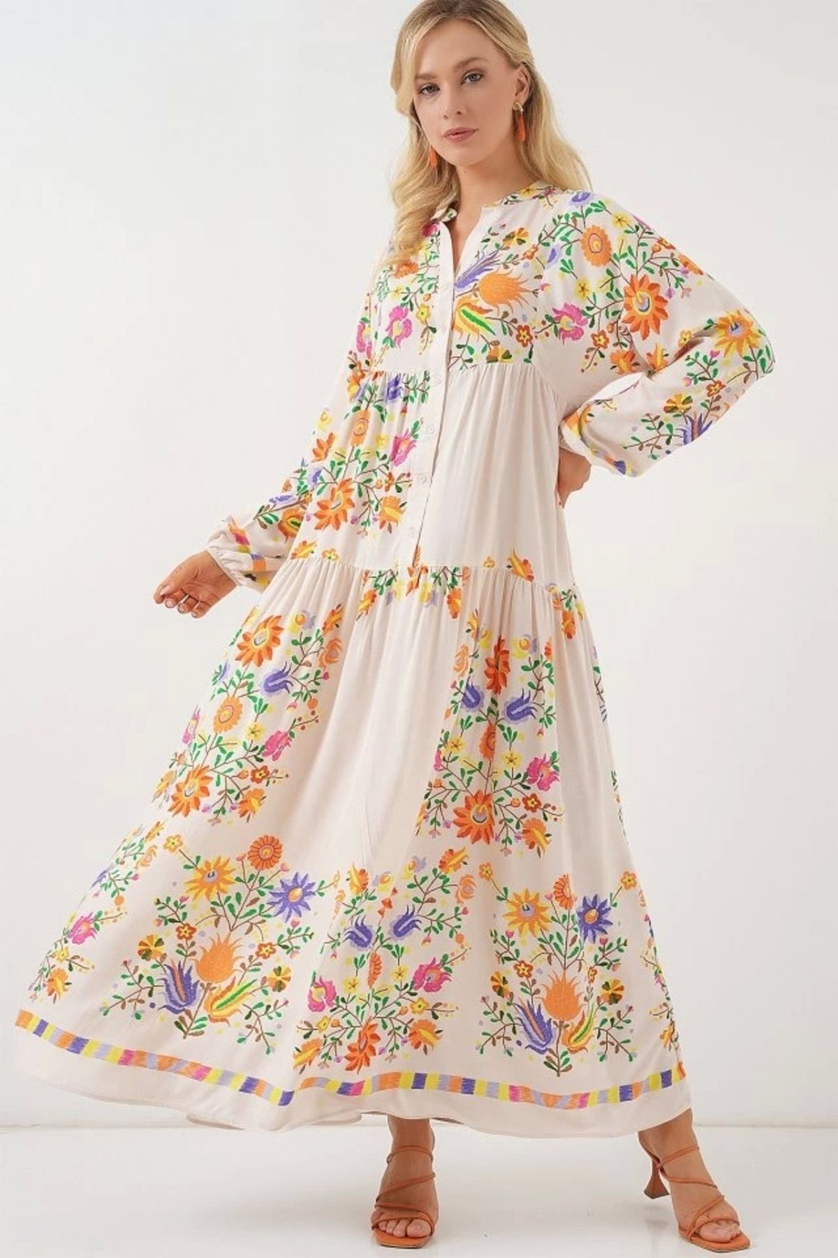 Butik 2423 Otantik Desenli Tesettür Elbise - B. Turuncu