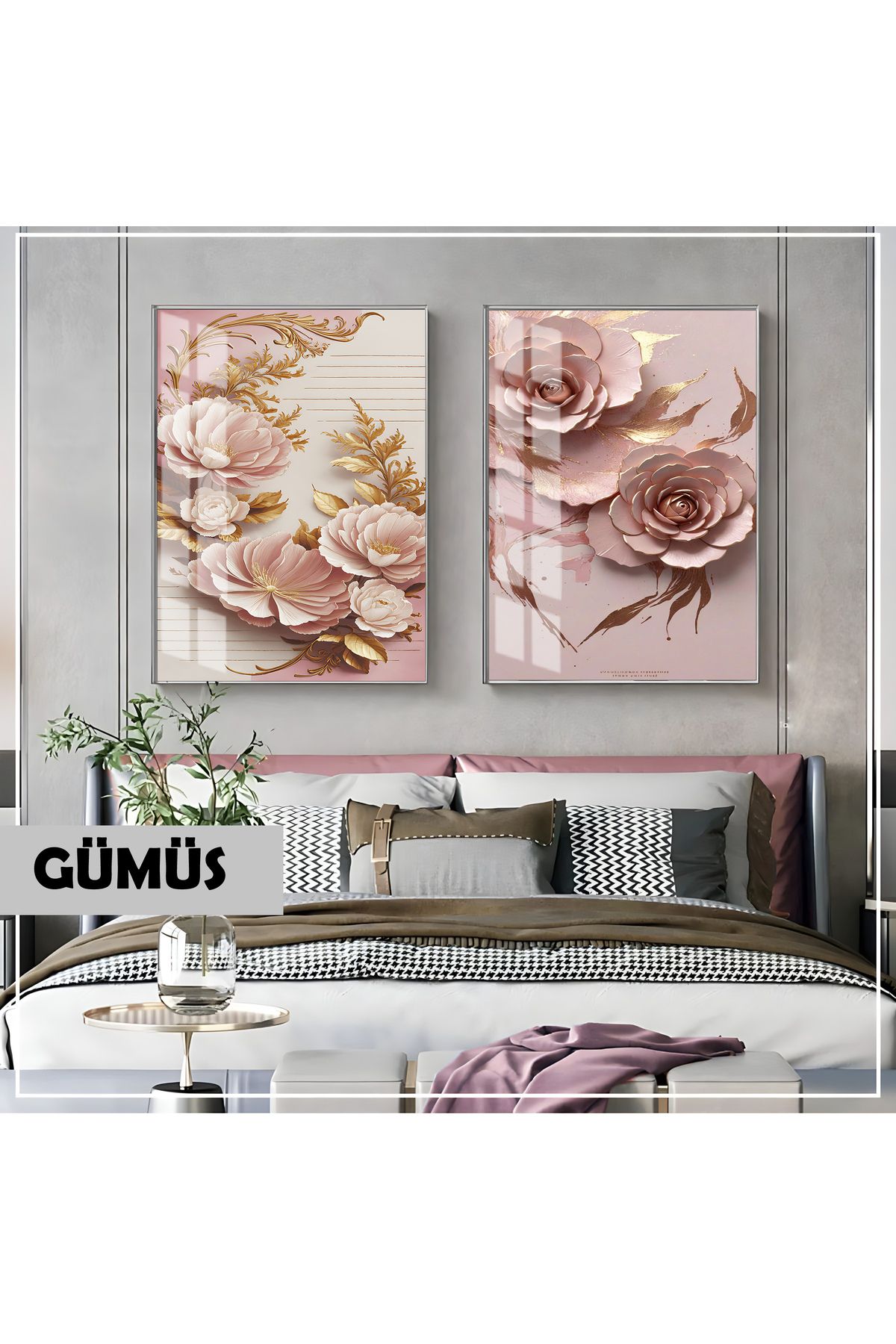 Harikabirev HARİKABİREV|PEMBE GOLD ÇİÇEK KOMBİNİ (ORNATE)|ÇERÇEVELİ CAM TABLO 2Lİ DİKEY