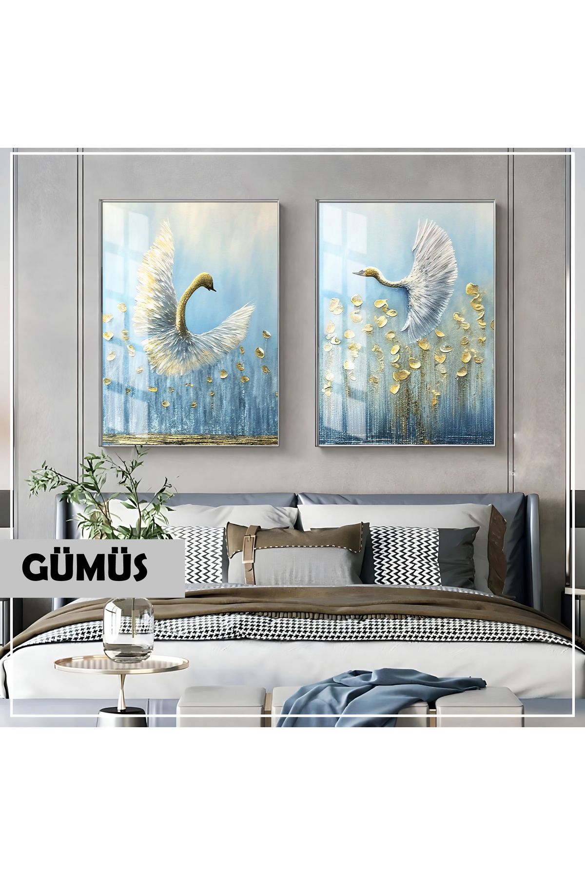 Harikabirev HARİKABİREV|MAVİ-GOLD ABSTRACT KUĞULAR KOMBİNİ|ÇERÇEVELİ CAM TABLO 2Lİ DİKEY