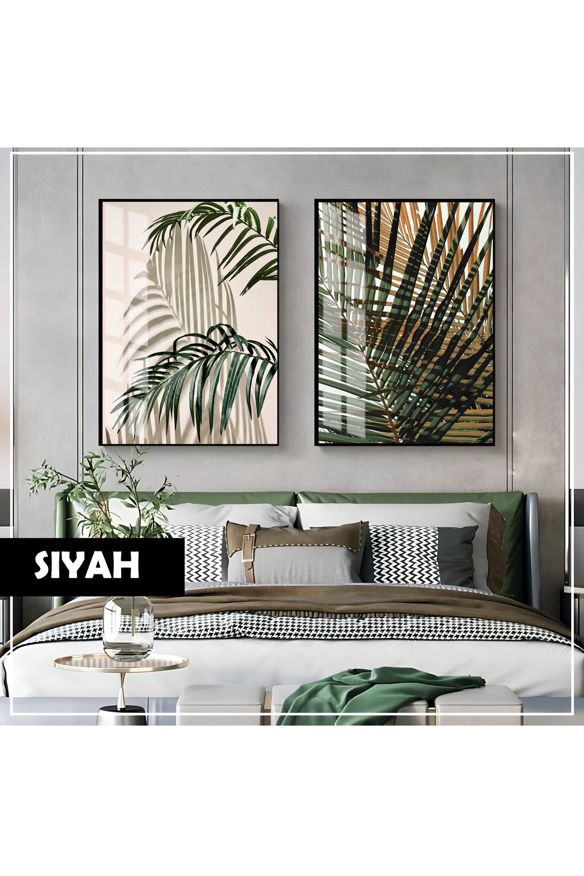 Harikabirev HARİKABİREV|YEŞİL YAPRAK KOMBİN (PALM LEAVES)|ÇERÇEVELİ CAM TABLO 2Lİ DİKEY
