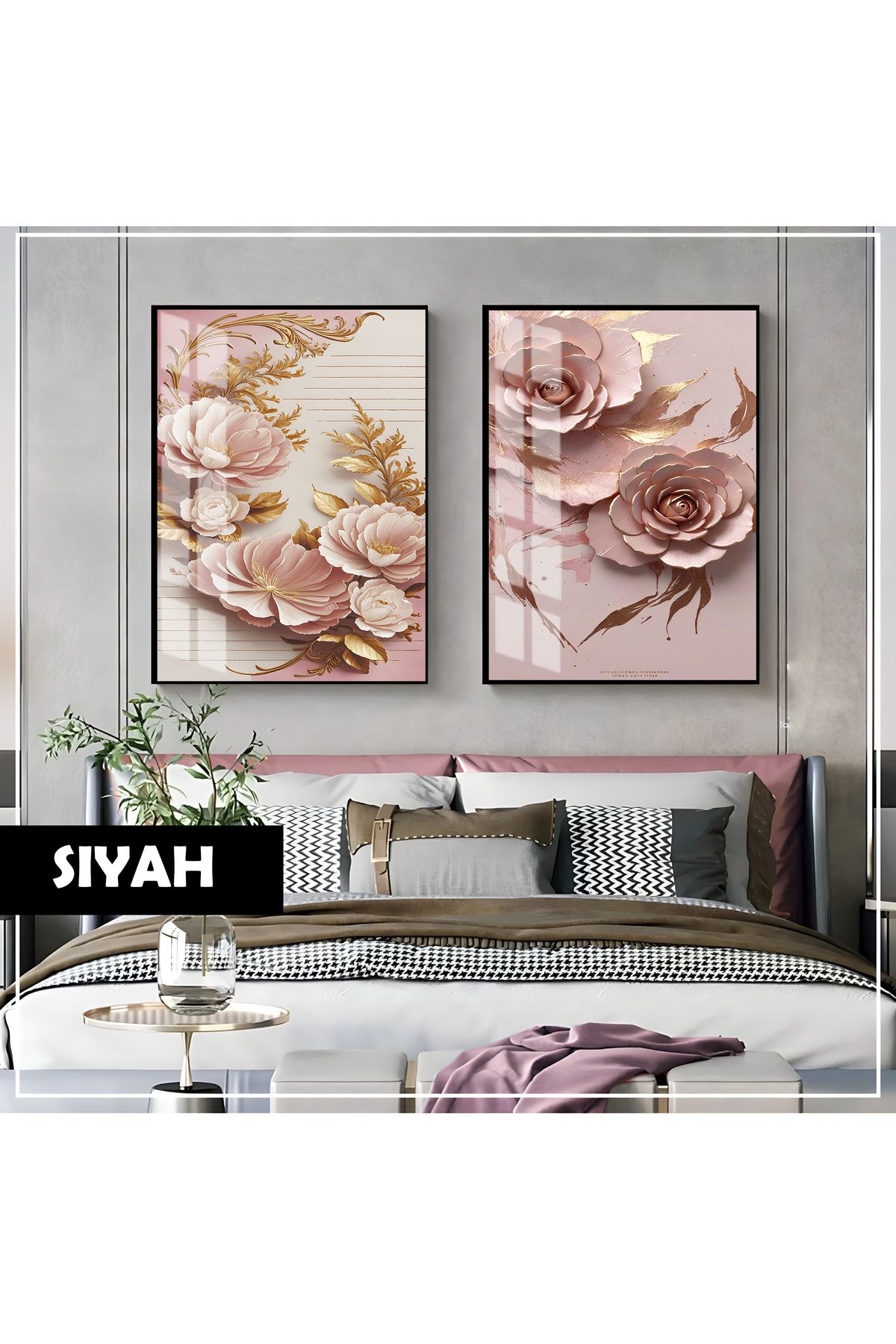 Harikabirev HARİKABİREV|PEMBE GOLD ÇİÇEK KOMBİNİ (ORNATE)|ÇERÇEVELİ CAM TABLO 2Lİ DİKEY