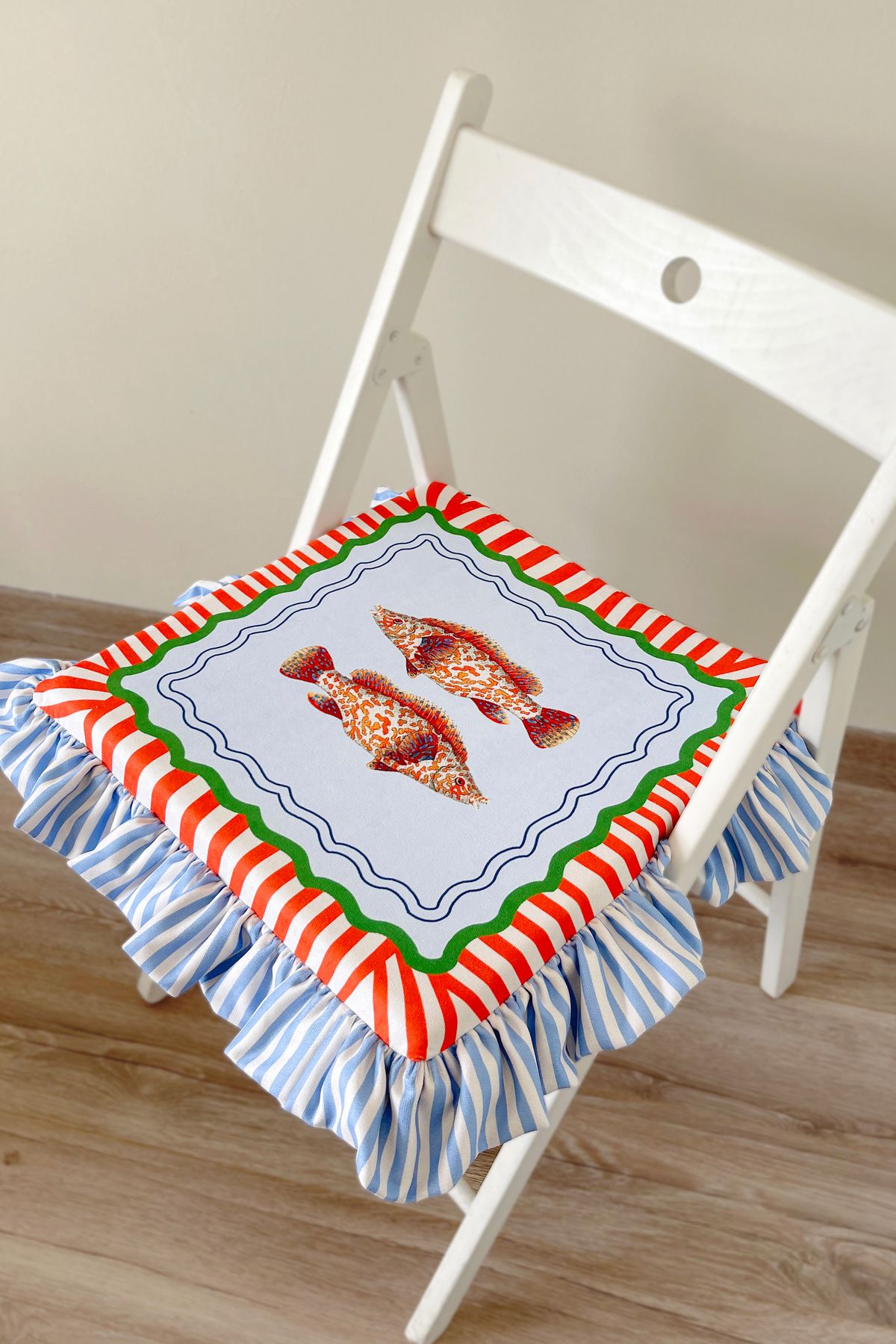 RİTMOHOME Balık Desenli Çizgili Fırfırlı Marin, Vintage, Country, Iskandinav, Bohem 40x40 Sandalye Minderi