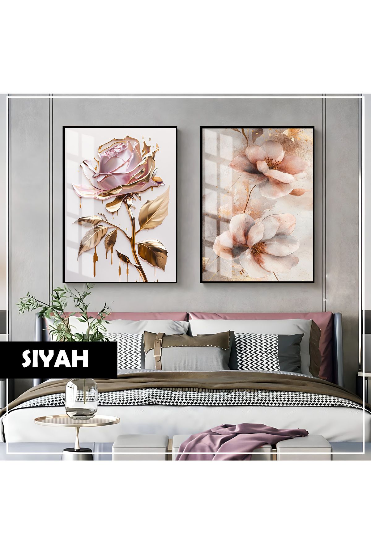 Harikabirev HARİKABİREV|TOZ PEMBE-GOLD GÜL KOMBİN (FLORAL ART) |ÇERÇEVELİ CAM TABLO 2Lİ DİKEY