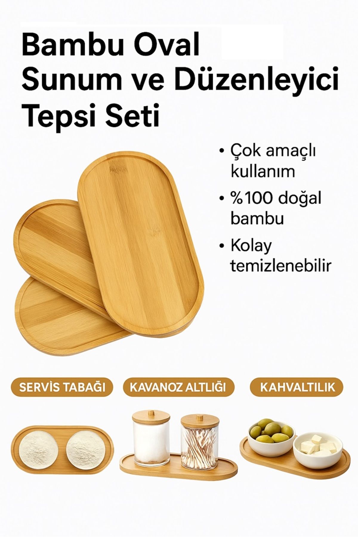 keyfisepet en keyifli sepet 1 Adet Bambu Oval Sunum ve Düzenleyici Tepsi Seti – Çok Amaçlı Kullanım