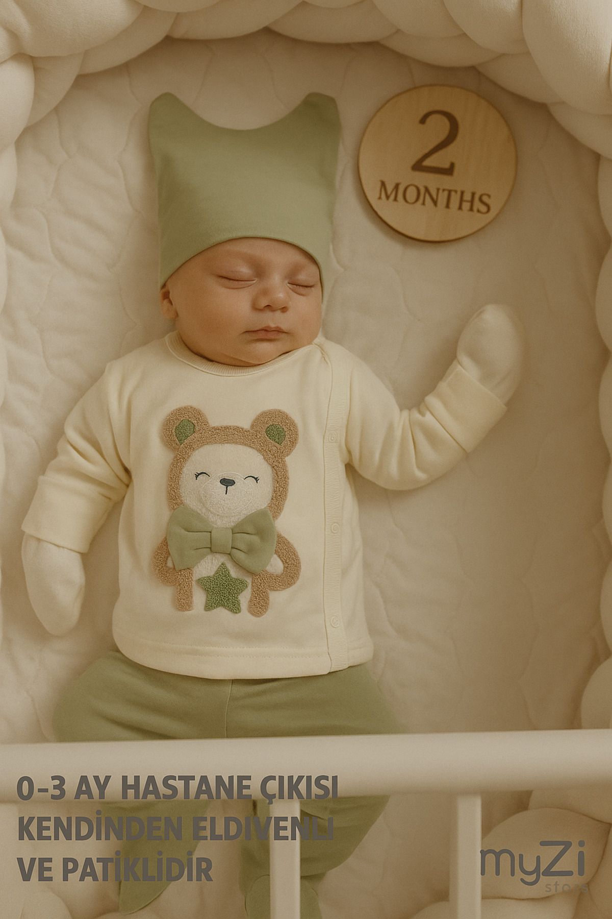 MYZİ STORE %100 Pamuk 3'lü Hastane Çıkışı 0-3 Ay Patikli Alt Uzun Kollu Kendinden Eldivenli Üst Kulaklı Şapka