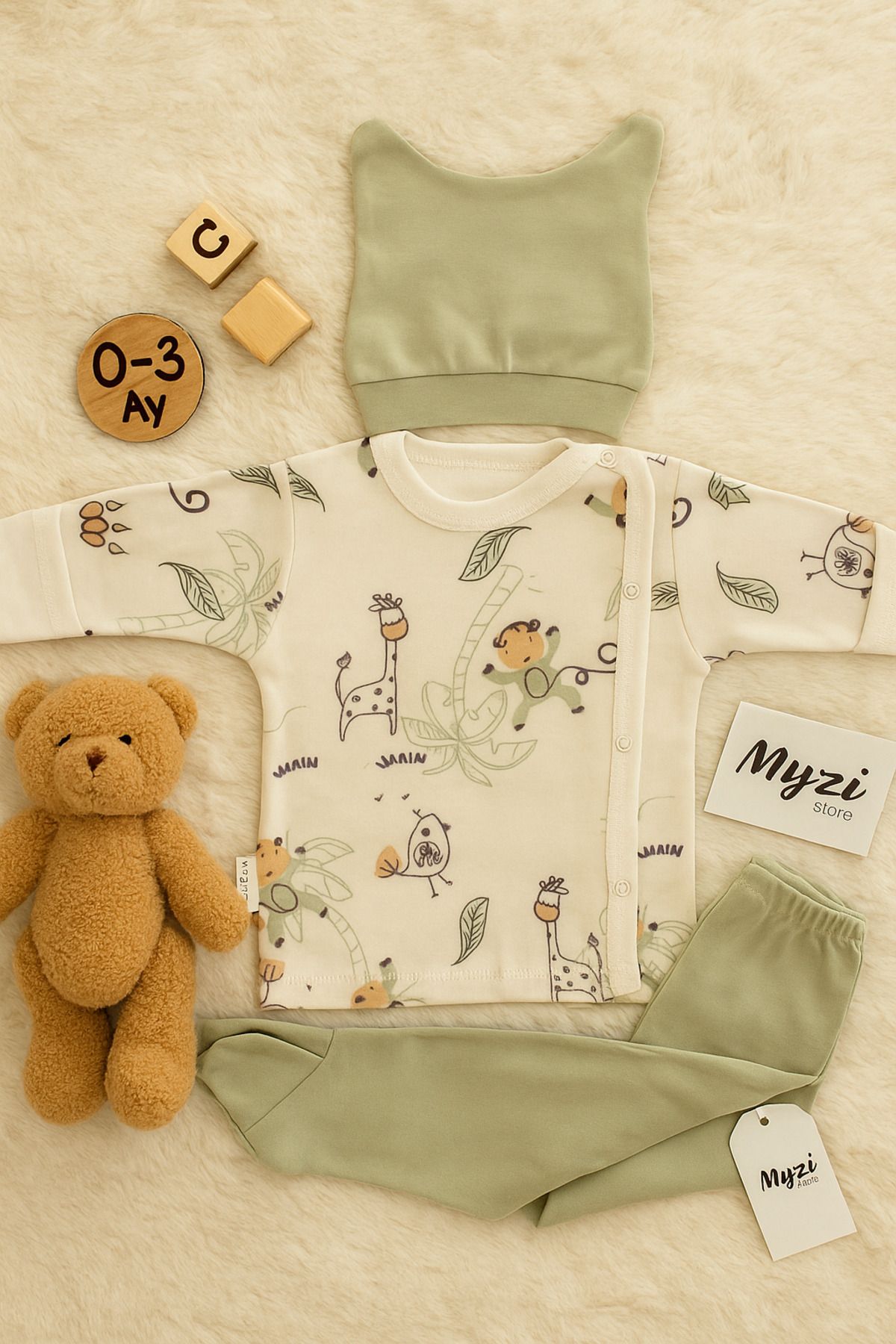MYZİ STORE %100 Pamuk 3'lü Hastane Çıkışı 0-3 Ay Patikli Alt Uzun Kollu Kendinden Eldivenli Üst Kulaklı Şapka