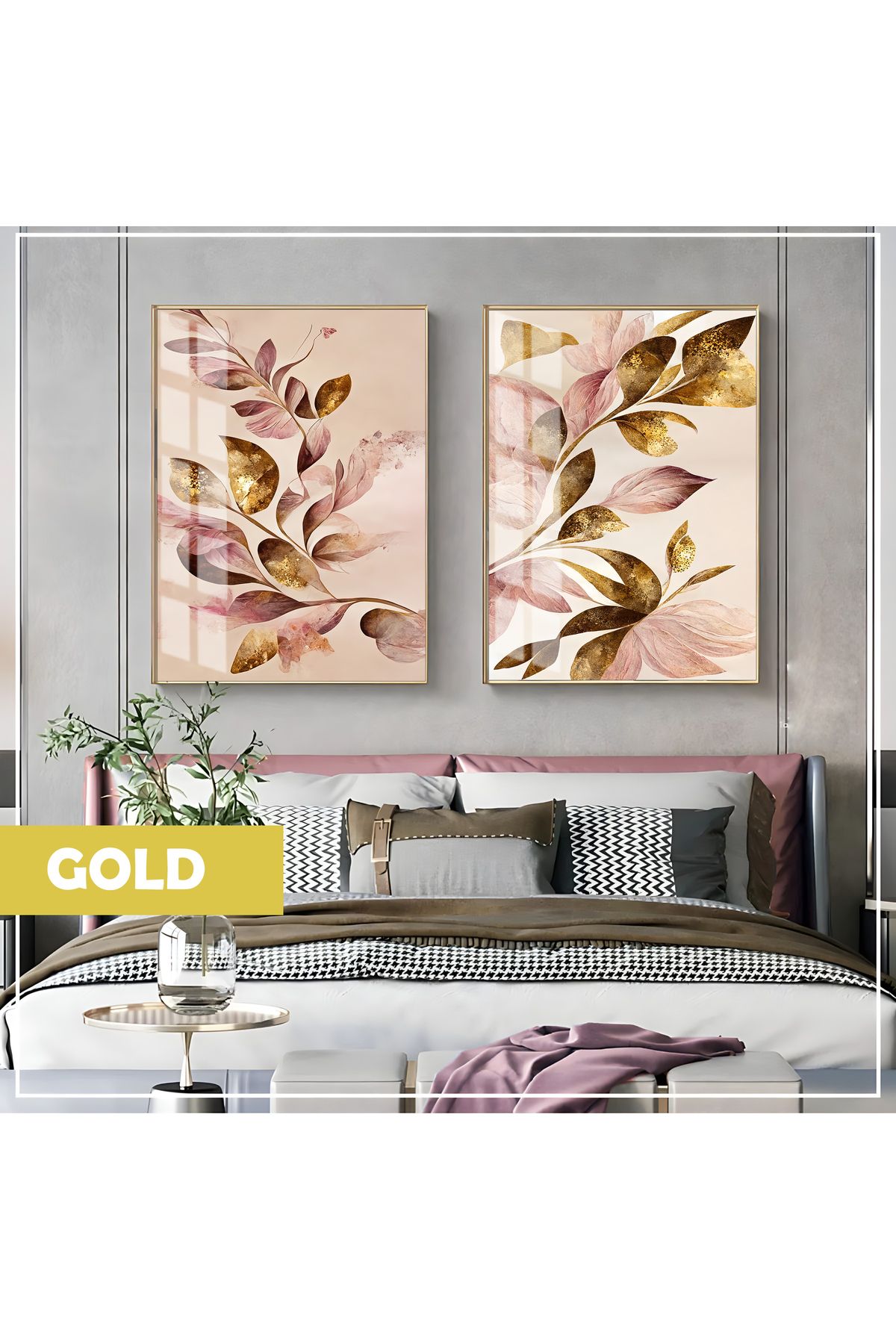Harikabirev HARİKABİREV|PEMBE GOLD YAPRAKLAR KOMBİNİ(ELEGANT)|ÇERÇEVELİ CAM TABLO 2Lİ DİKEY