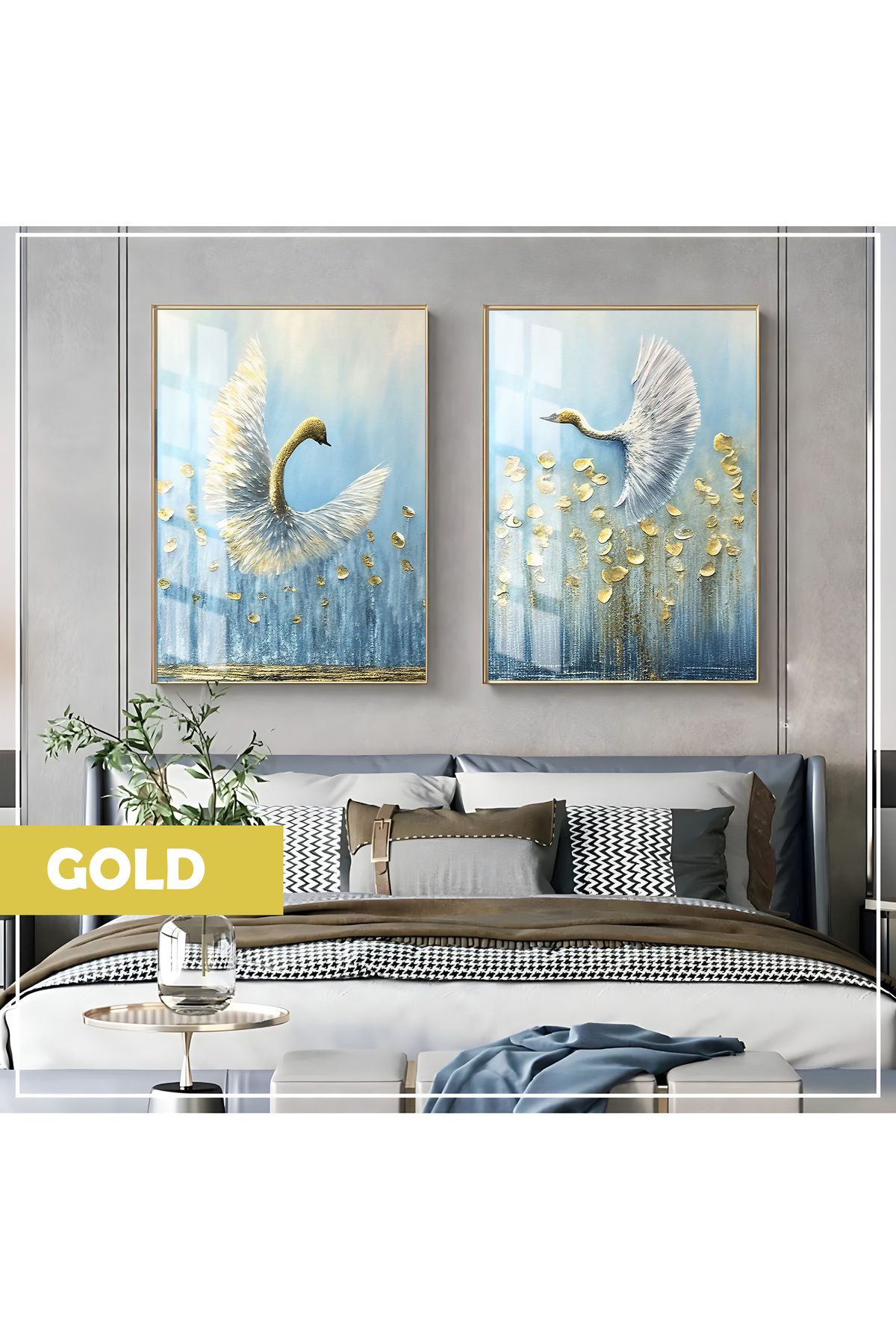 Harikabirev HARİKABİREV|MAVİ-GOLD ABSTRACT KUĞULAR KOMBİNİ|ÇERÇEVELİ CAM TABLO 2Lİ DİKEY