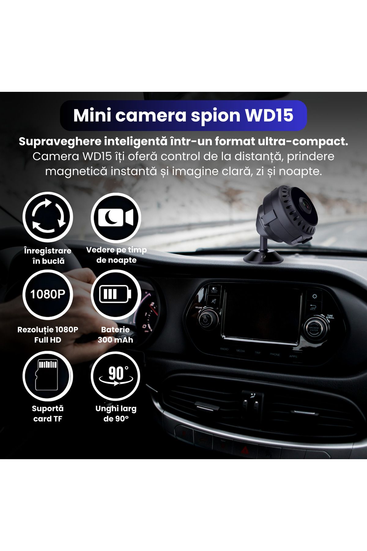 Spionescu-Mini Hidden WiFi Camera WD15, Full HD 1080P, Night Vision, AI Motion Detection, Loop Recording 2
