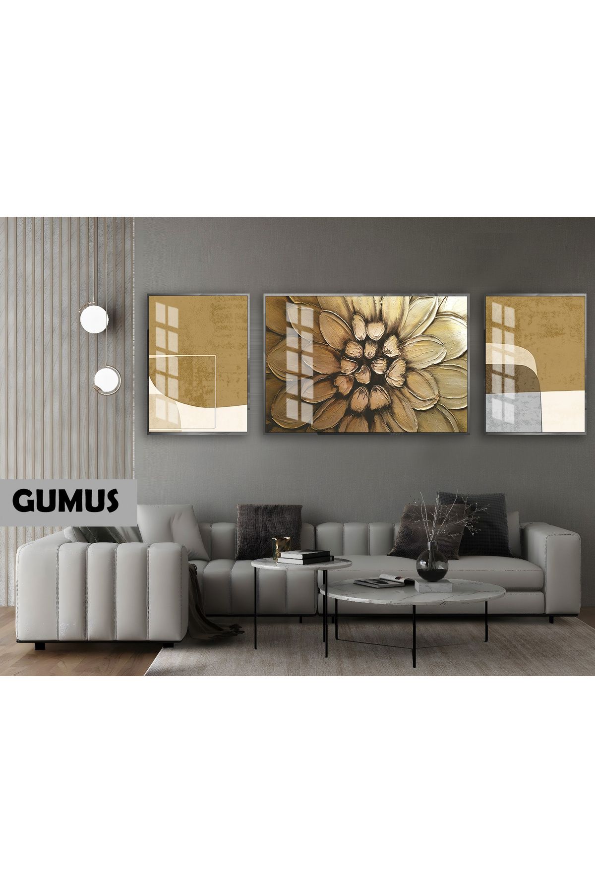 Harikabirev HARİKABİREV|(ABSTRACT) GOLD YILDIZ ÇİÇEĞİ MODELİ (STAR) |ÇERÇEVELİ TEMPERLİ CAM TABLO 3LÜ YATAY
