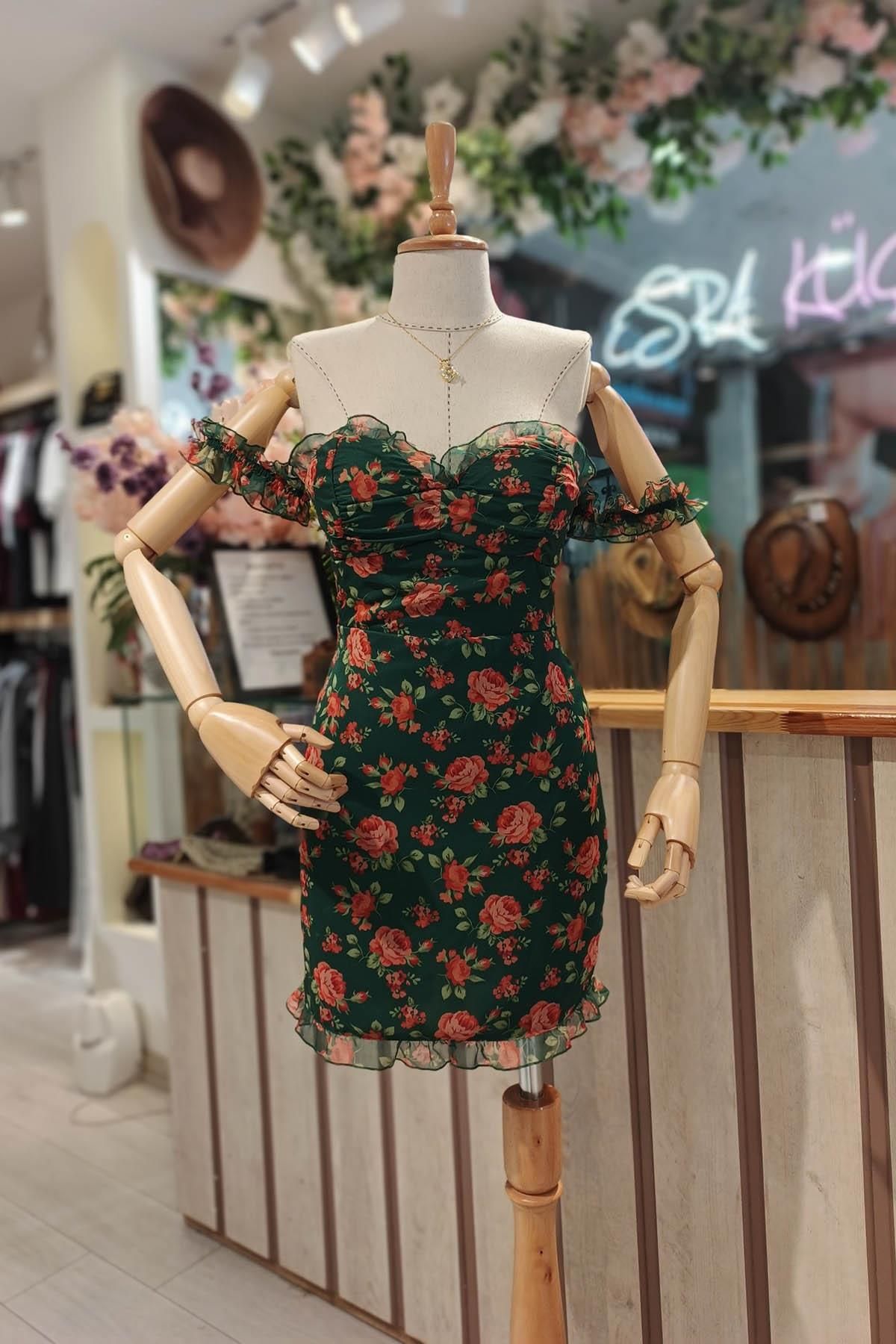 Eswomes Straplez Mini Kollu Mini Elbise ZÜMRÜT YEŞİL