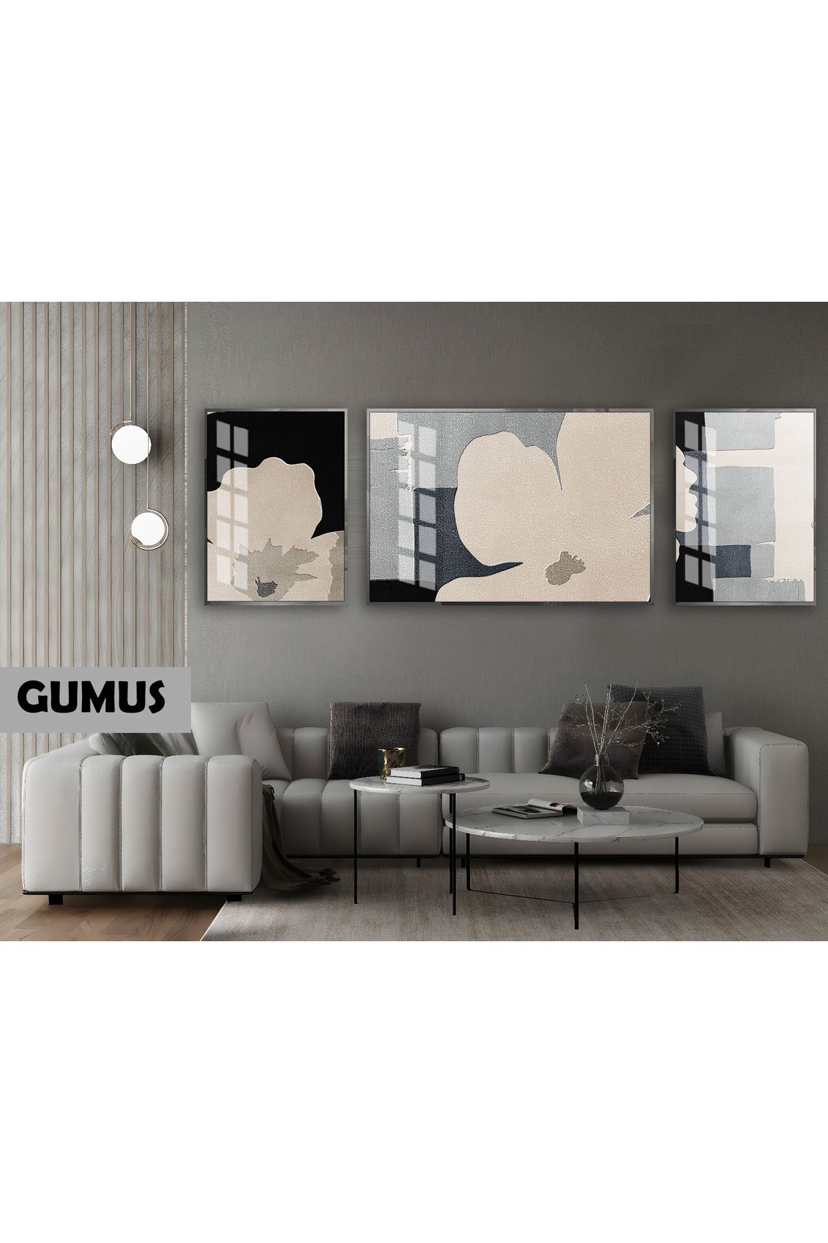 Harikabirev HARİKABİREV|(ABSTRACT) SOYUT SOFT ÇİÇEK DESEN MODELİ|ÇERÇEVELİ TEMPERLİ CAM TABLO 3LÜ YATAY