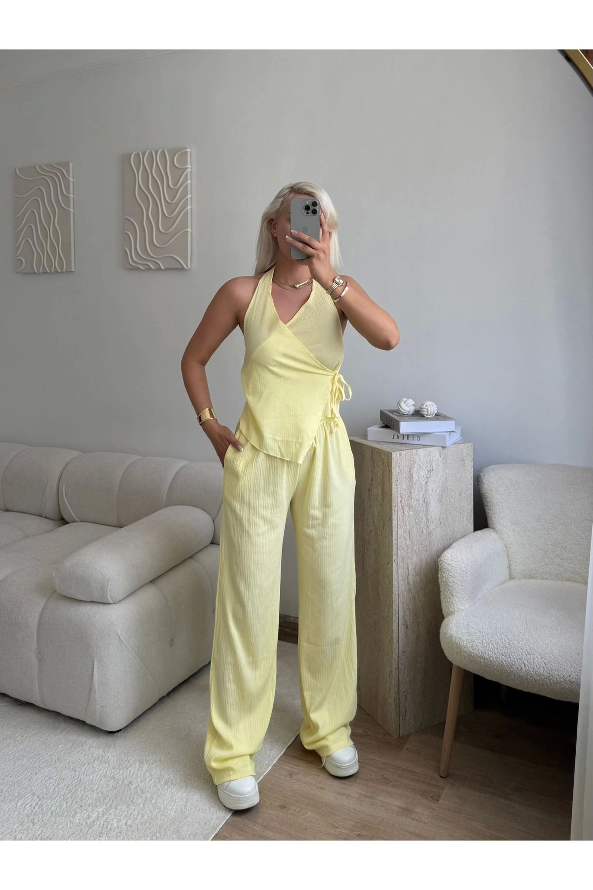 Zora Butik Twist Sırt Dekolte İkili Takım - SARI