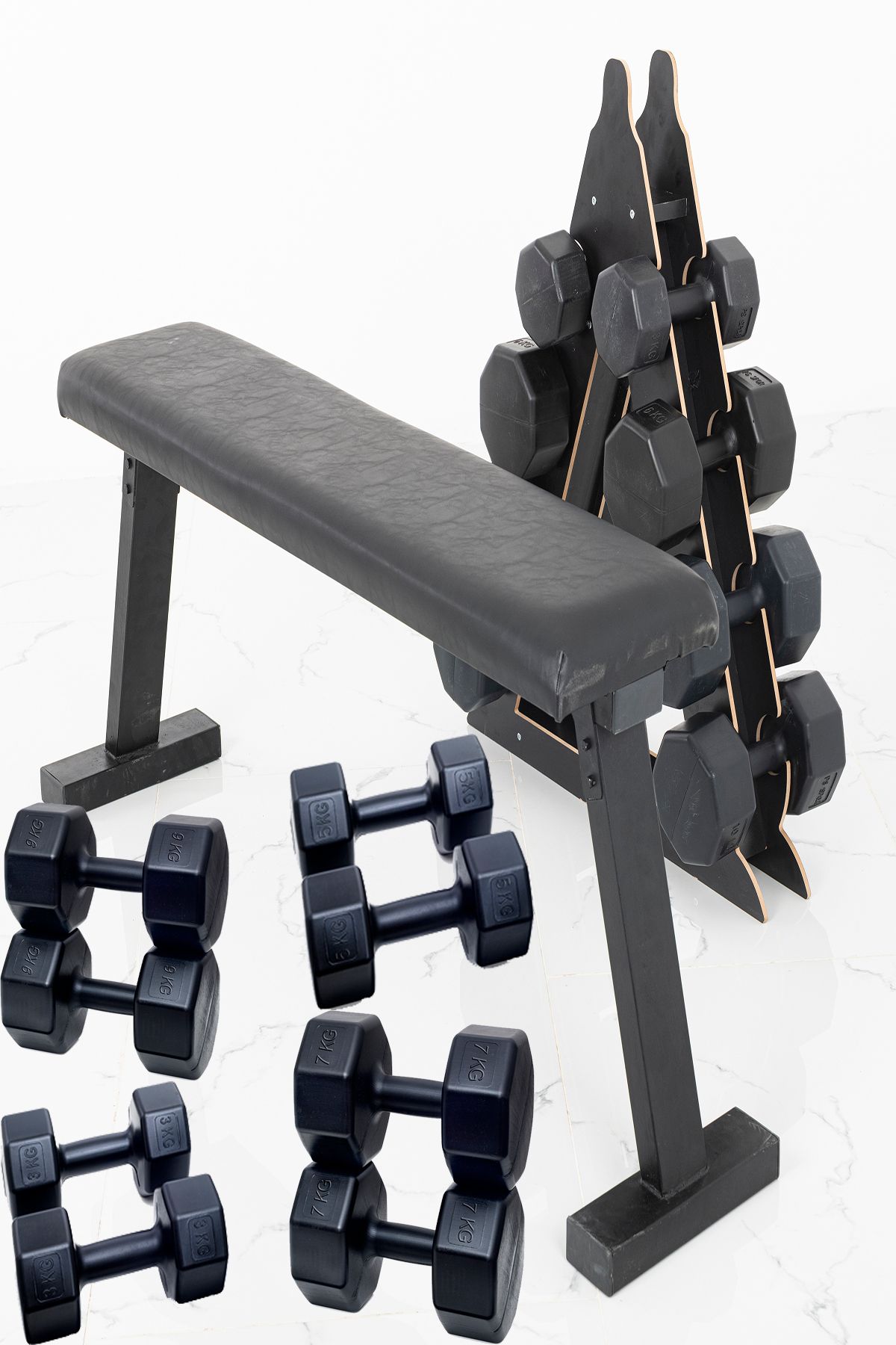 Besinistanbul PS SPOR 4 ÇİFT DAMBIL SET 9 KG+3 KG+5 KG+7 KG + KATLANABİLİR AĞIRLIK(BENCH)SEHPASI VE DAMBIL STANDI