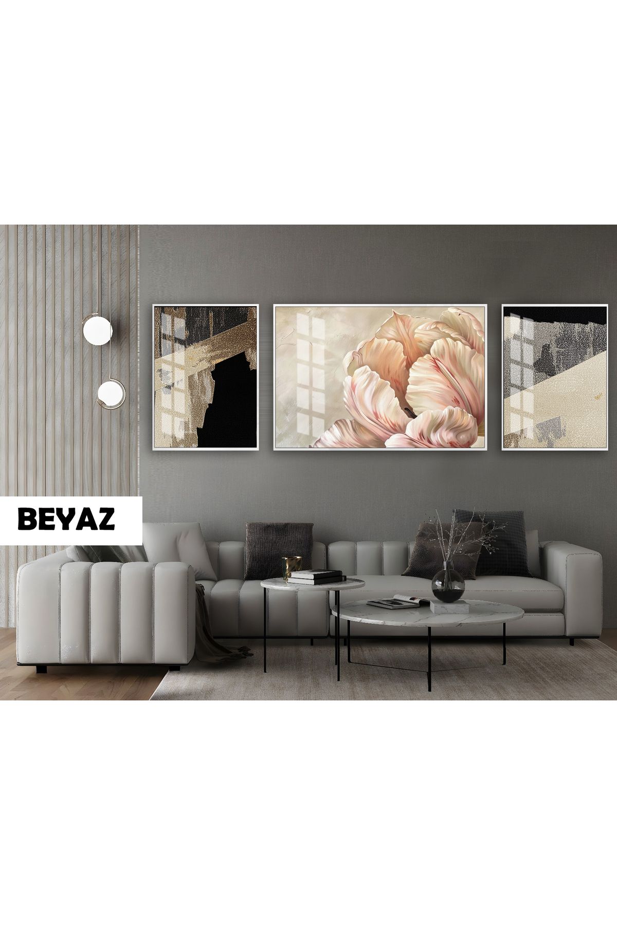 Harikabirev HARİKABİREV|(ABSTRACT)MACRO ŞAKAYIK ÇİÇEK MODELİ|ÇERÇEVELİ TEMPERLİ CAM TABLO 3LÜ YATAY