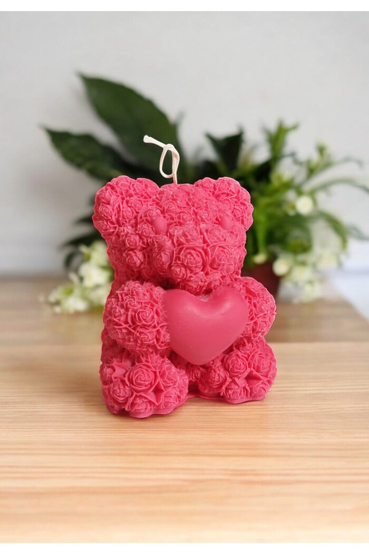 FS CANDLE & HOME Decoration - Accesories Gül Detaylı Kalpli Büyük Ayıcık Dekoratif ve Hediyelik Kokulu Organik Soya Mumu