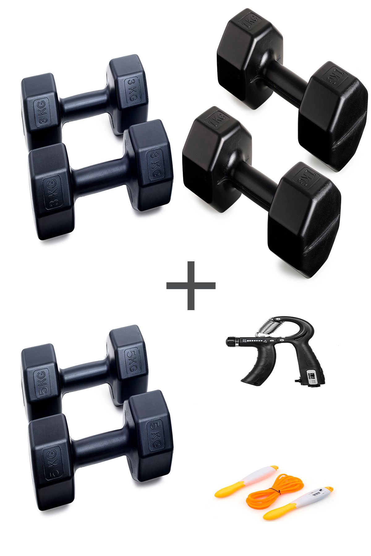 Besinistanbul PS SPOR 3 ÇİFT DAMBIL SET 1 KG + 3 KG +5 KG + AYARLANABİLİR SAYAÇLI EL YAYI VE ATLAMA İPİ