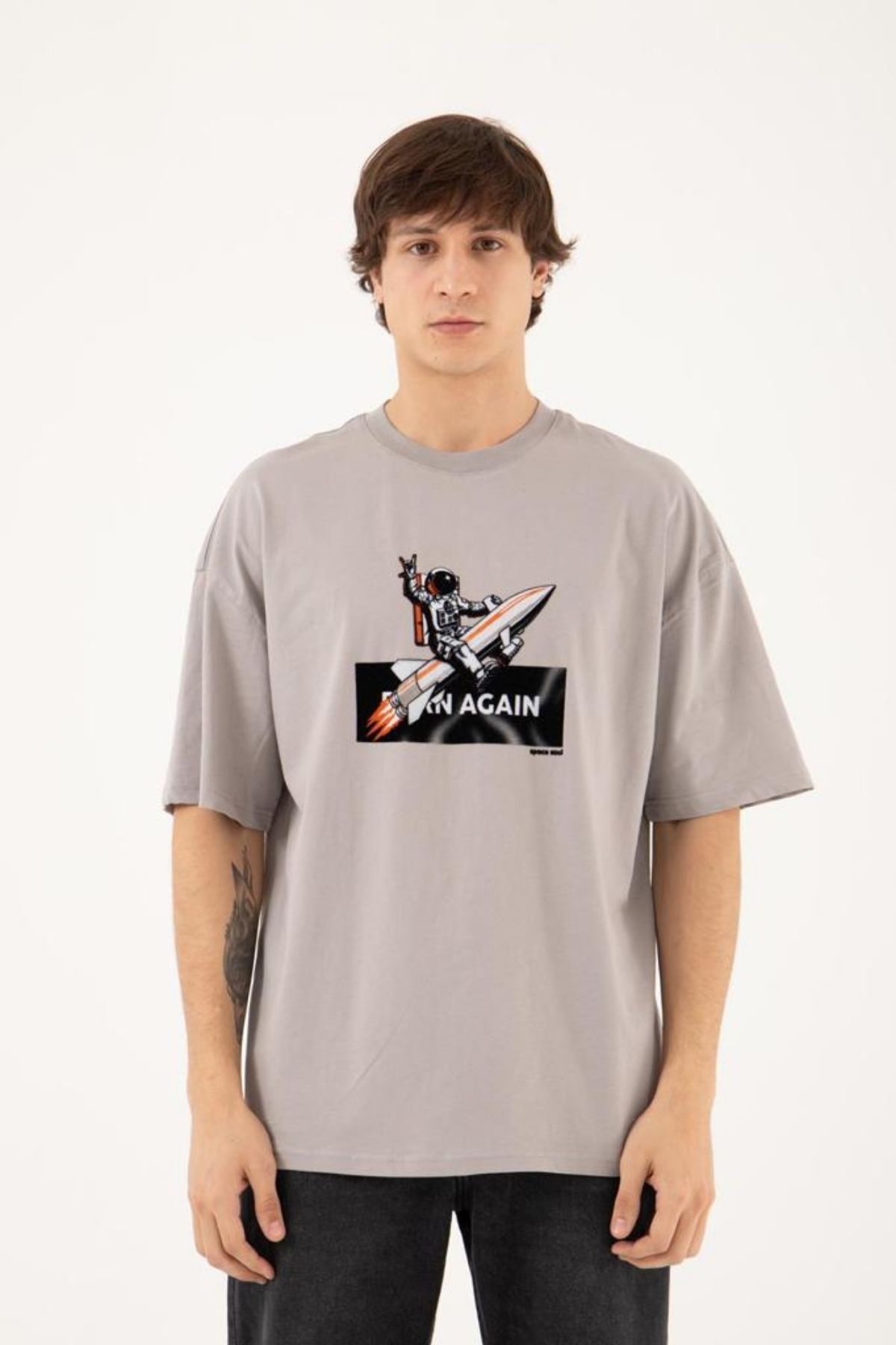 Chirkef Unisex Oversize 100% Pamuk Premium Kumaş Baskılı Bisiklet Yaka Sokak Stili T-Shirt Born Again SpaceX