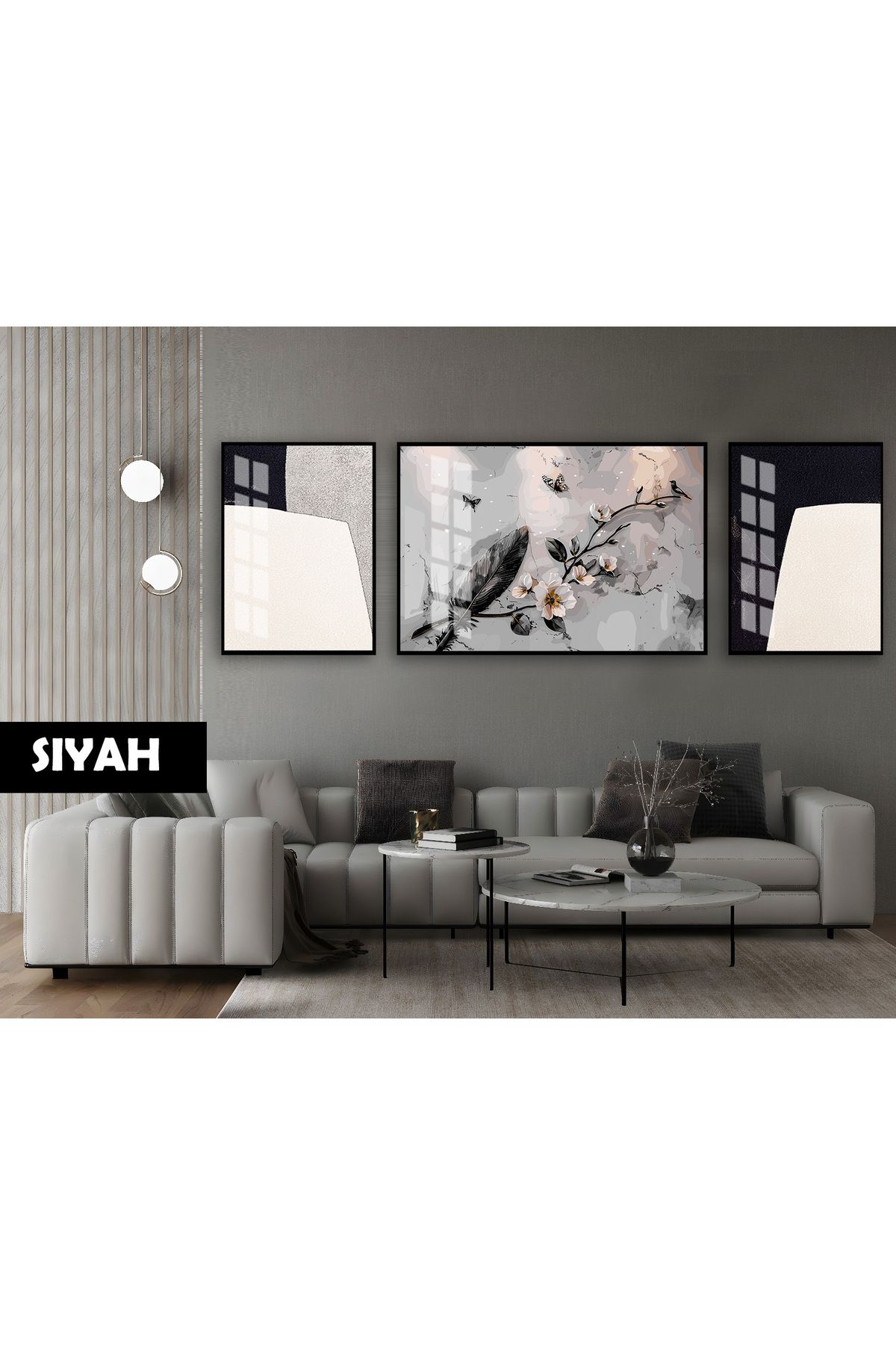 Harikabirev HARİKABİREV|(ABSTRACT) BOTANİK ÇİÇEK DALI MODELİ|ÇERÇEVELİ TEMPERLİ CAM TABLO 3LÜ YATAY