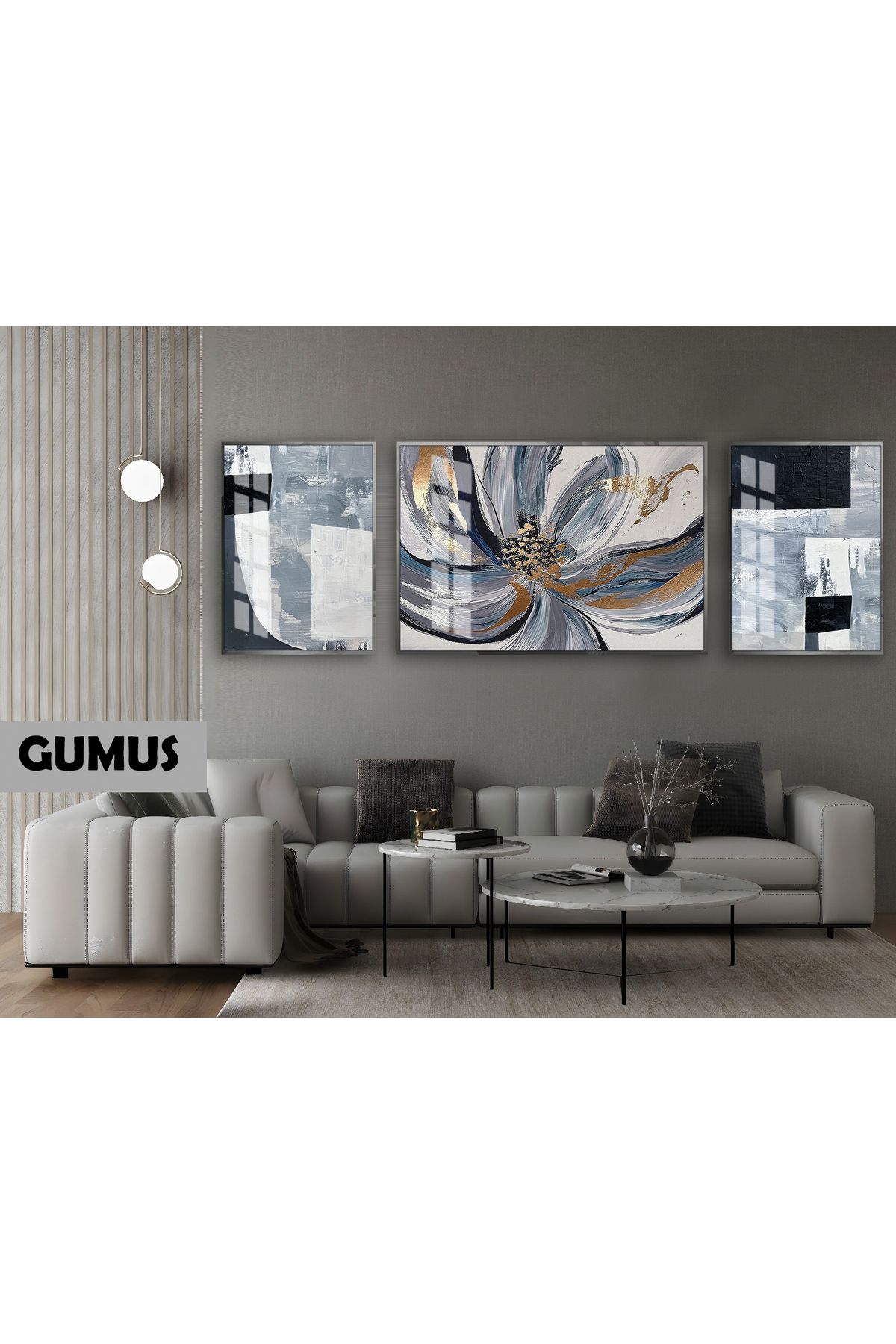 Harikabirev HARİKABİREV|(ABSTRACT) GRİ-GOLD MACRO ÇİÇEK MODELİ|ÇERÇEVELİ TEMPERLİ CAM TABLO 3LÜ YATAY