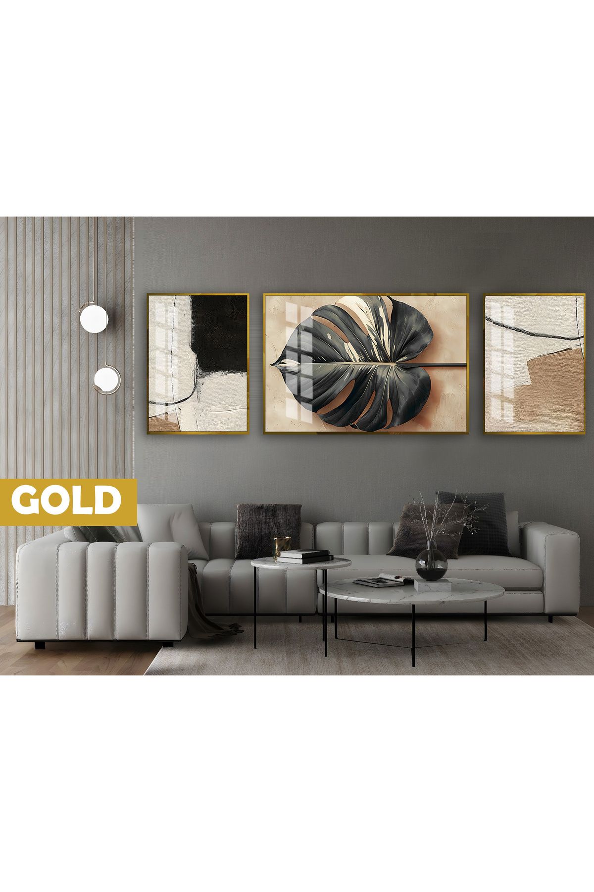 Harikabirev HARİKABİREV|(ABSTRACT) DEVETABANI YAPRAK MODELİ|ÇERÇEVELİ TEMPERLİ CAM TABLO 3LÜ YATAY