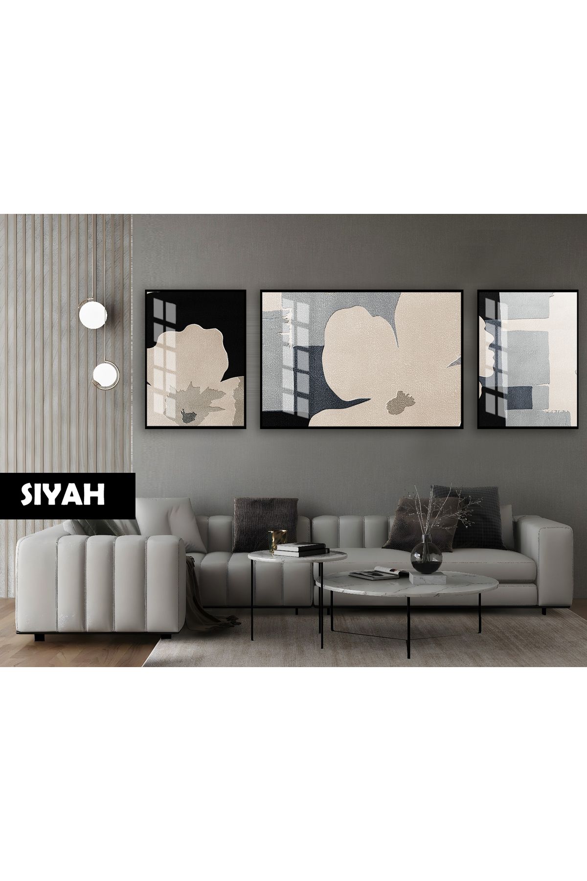 Harikabirev HARİKABİREV|(ABSTRACT) SOYUT SOFT ÇİÇEK DESEN MODELİ|ÇERÇEVELİ TEMPERLİ CAM TABLO 3LÜ YATAY