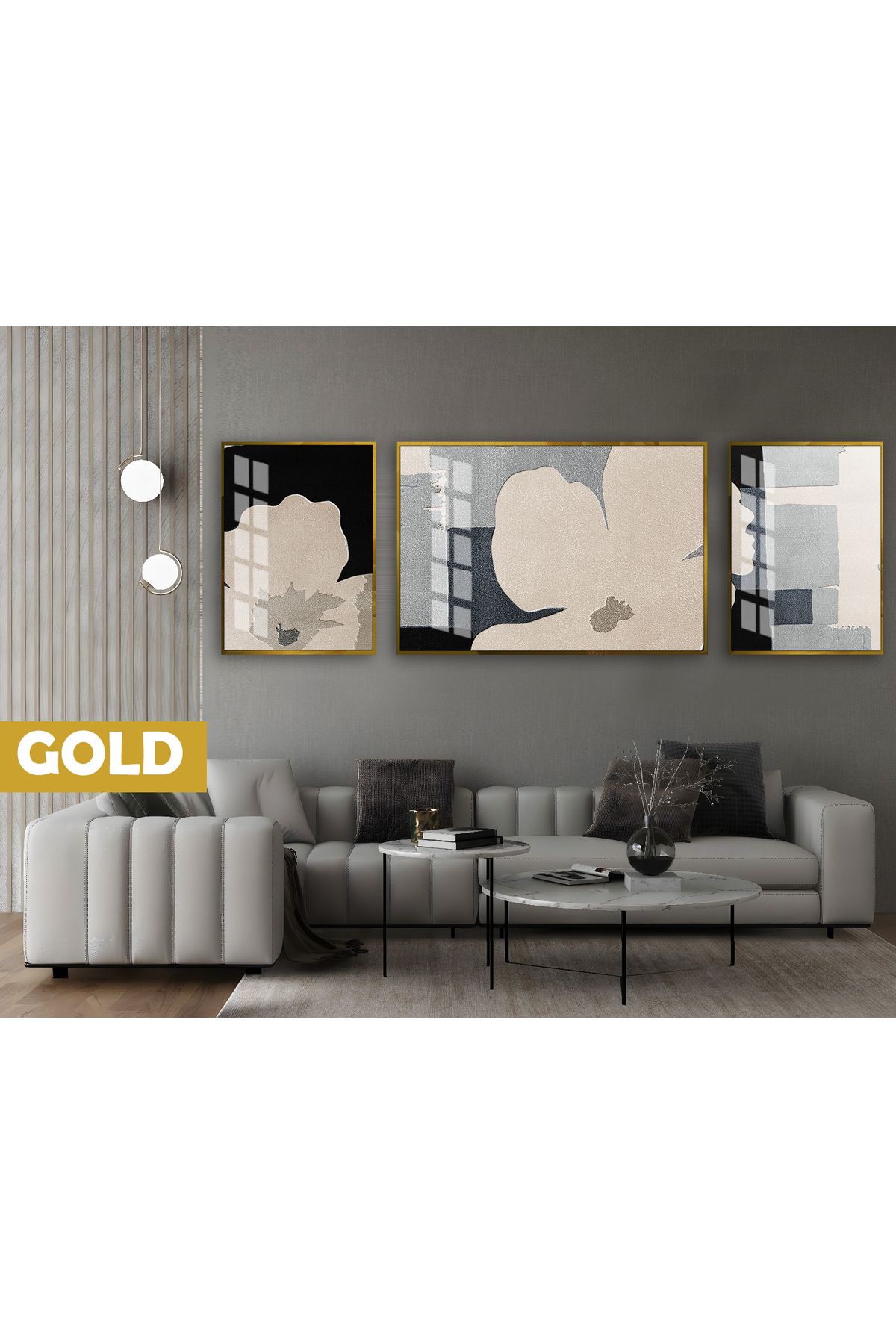 Harikabirev HARİKABİREV|(ABSTRACT) SOYUT SOFT ÇİÇEK DESEN MODELİ|ÇERÇEVELİ TEMPERLİ CAM TABLO 3LÜ YATAY