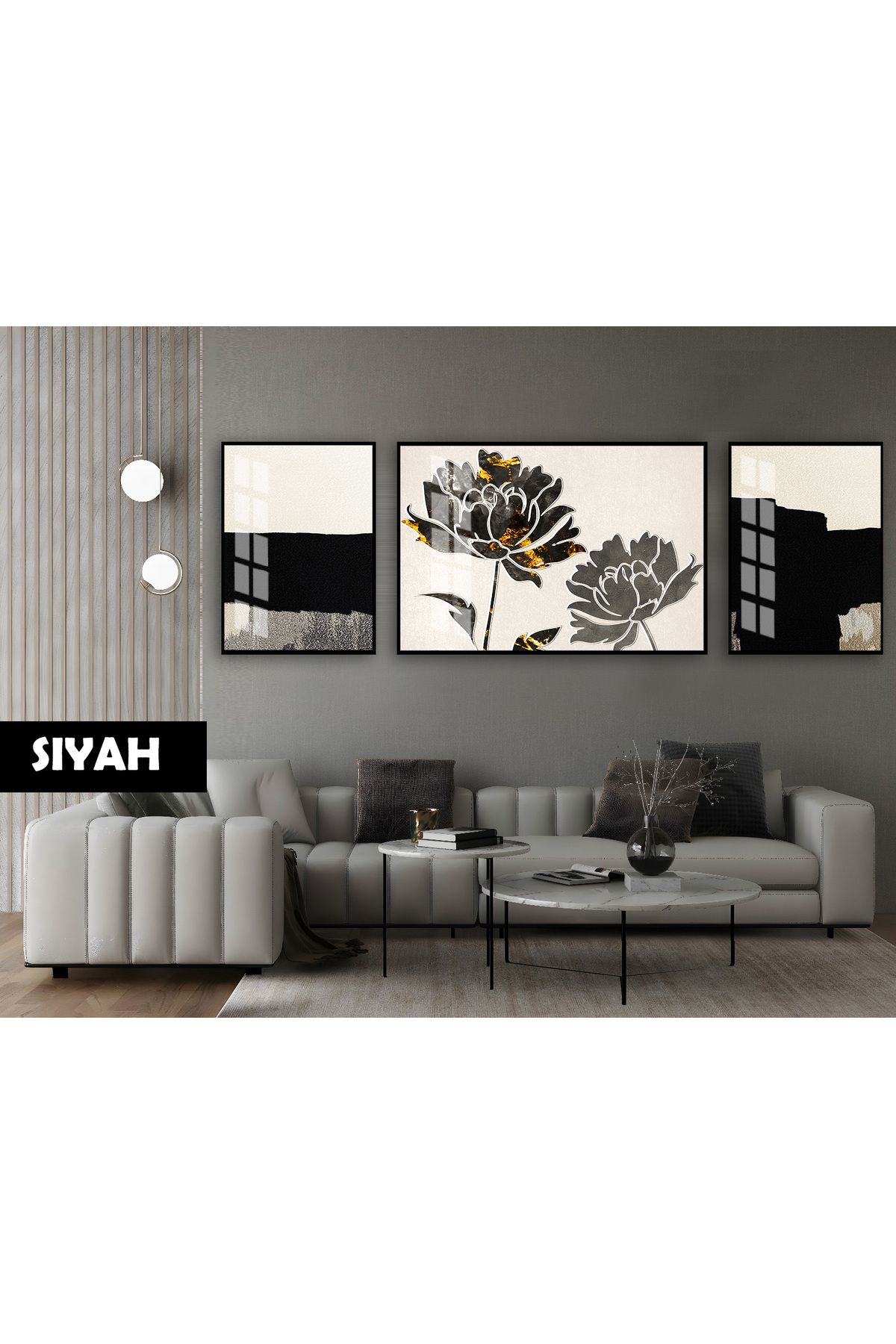 Harikabirev HARİKABİREV|(ABSTRACT) GARDENYA ÇİÇEK MODELİ|ÇERÇEVELİ TEMPERLİ CAM TABLO 3LÜ YATAY