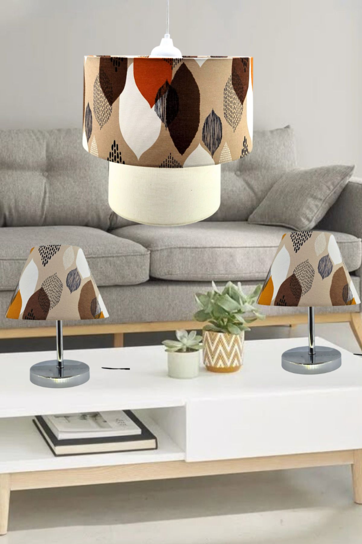 Decodelight Keten Kumaş Bahar Yaz Model Salon Oturma Odası Hol Tekli Sarkıt Avize ve Abajur Seti