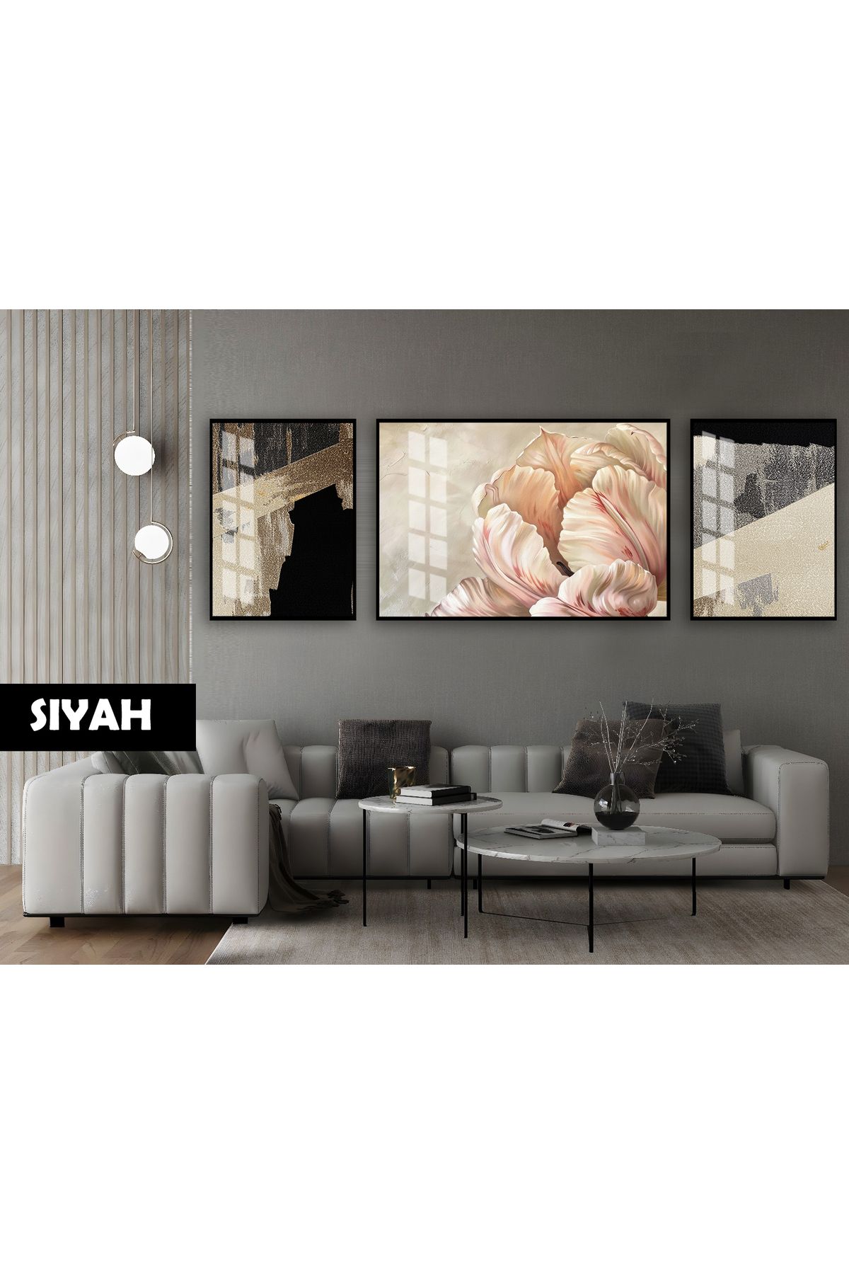 Harikabirev HARİKABİREV|(ABSTRACT)MACRO ŞAKAYIK ÇİÇEK MODELİ|ÇERÇEVELİ TEMPERLİ CAM TABLO 3LÜ YATAY