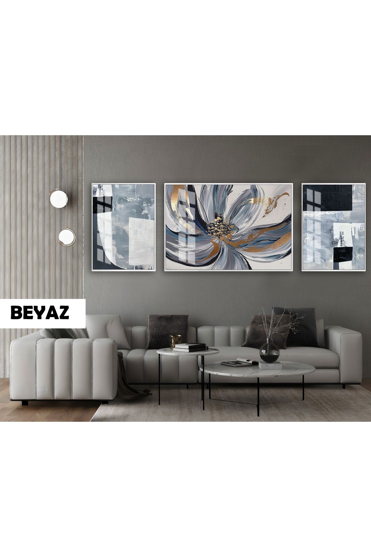 Harikabirev HARİKABİREV|(ABSTRACT) GRİ-GOLD MACRO ÇİÇEK MODELİ|ÇERÇEVELİ TEMPERLİ CAM TABLO 3LÜ YATAY
